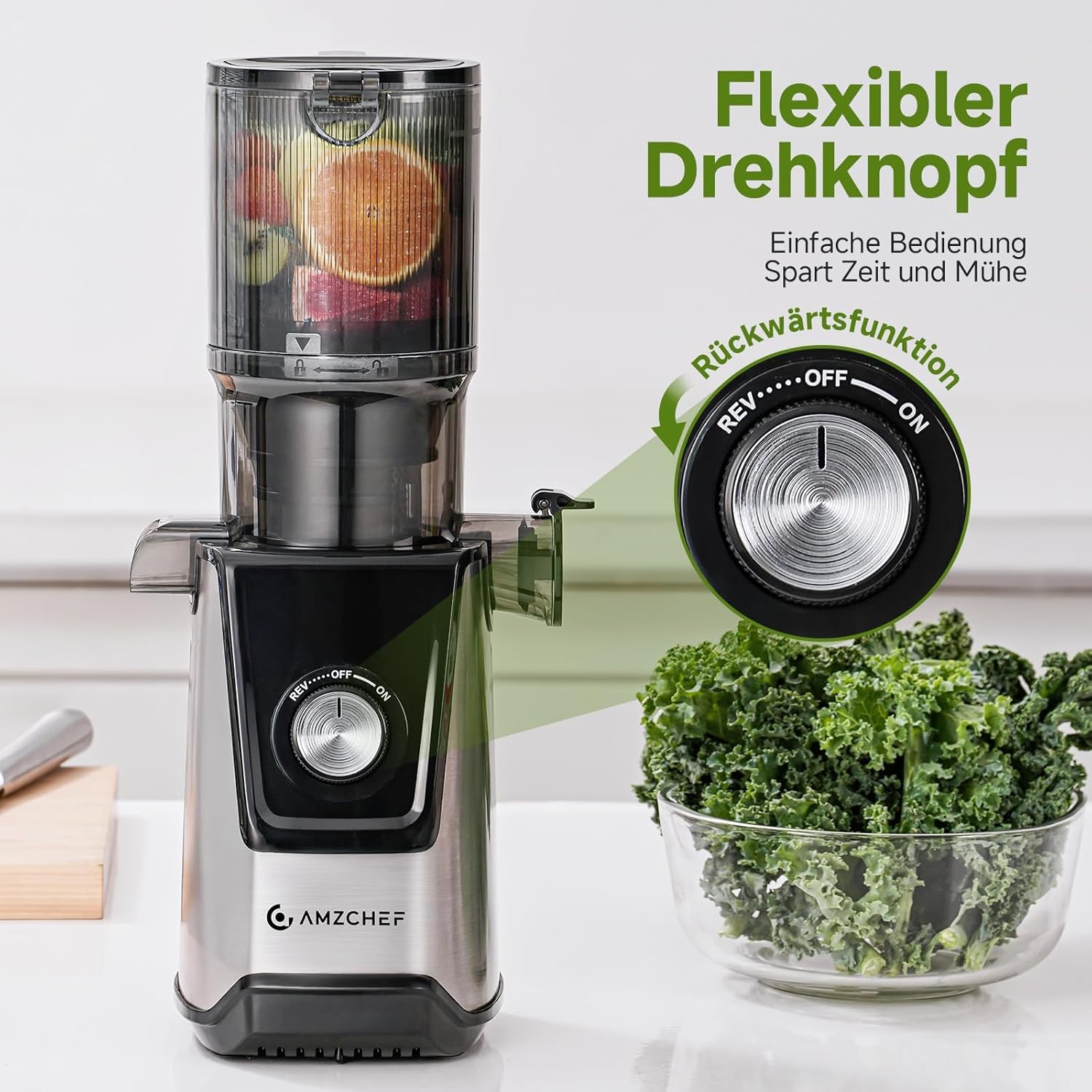 AMZCHEF Slow Juicer Entsafter mit 118 mm großer Einfüllöffnung für ganze Früchte und Gemüse, 180 W Kaltentsafter, leicht zu reinigen, Silber – Bild 6