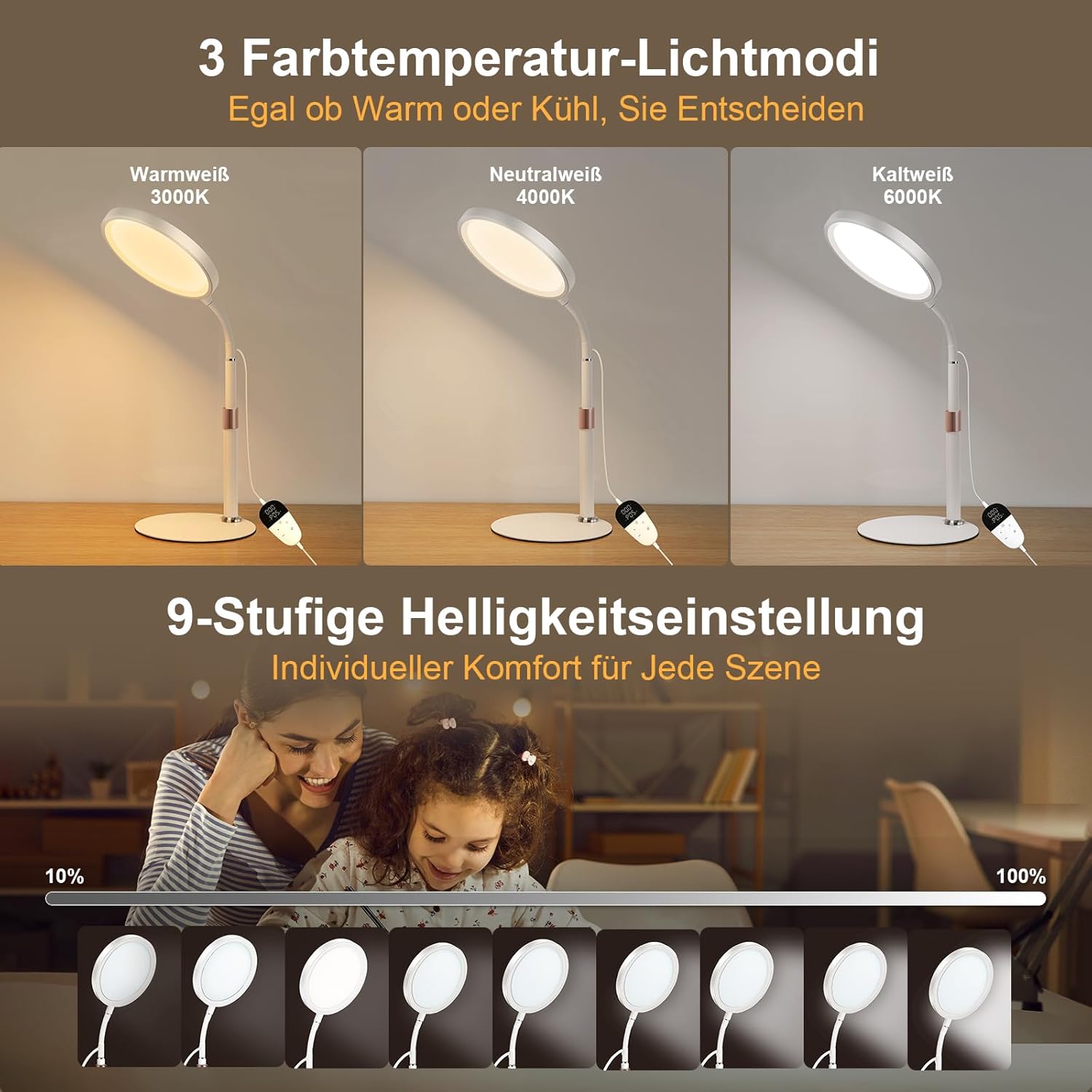 SAD Lamp – UV-freie Lichttherapielampe mit 10.000 Lux, 3 Farbtemperaturen, 9 Helligkeitsstufen & 15/30/45 Min. Timer – Tageslichtlampe zur Stimmungsaufhellung – Bild 3