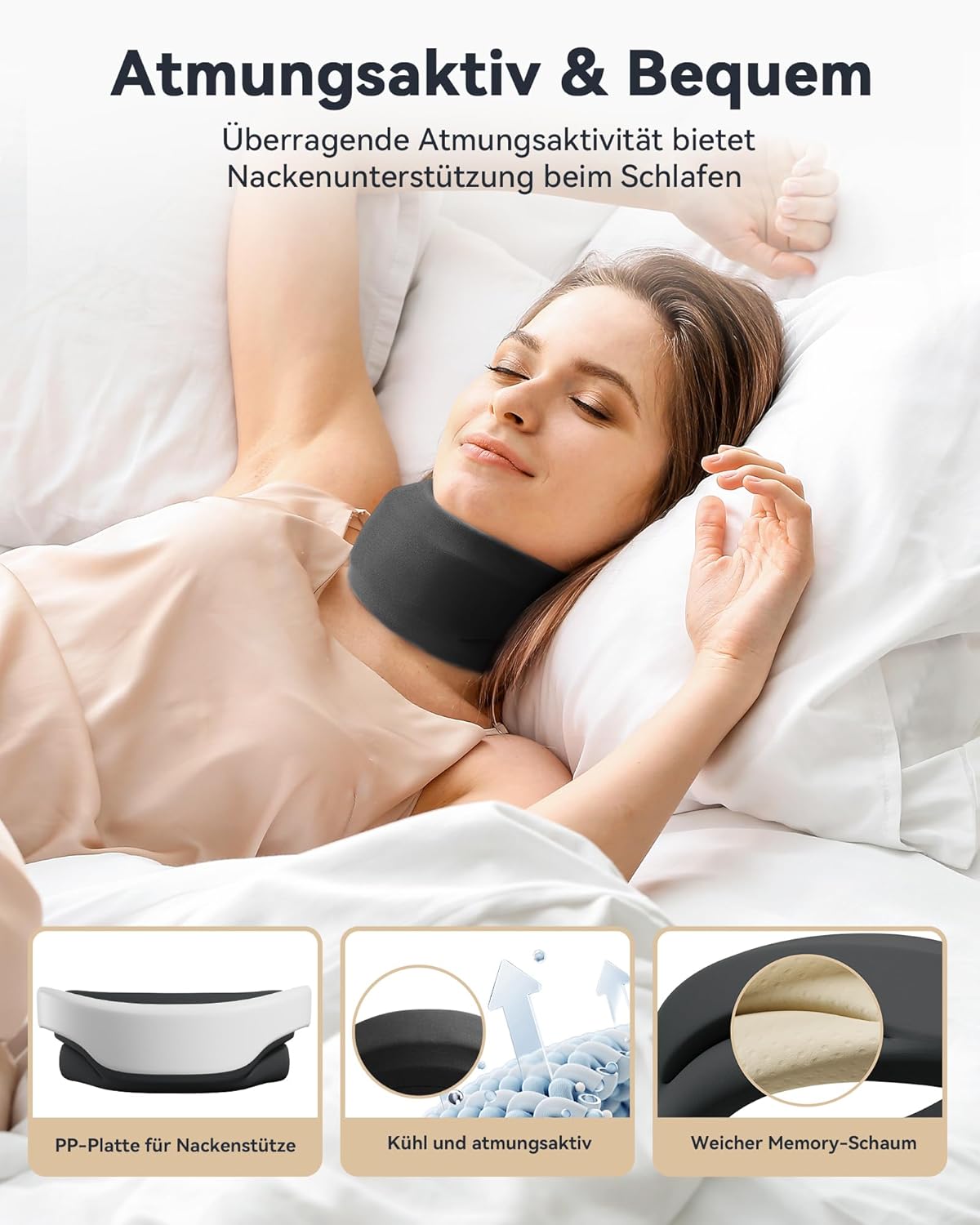 Nackenstütze bei Nackenschmerzen, weiche & verstellbare Nackenstütze zum Schlafen, Nackenstütze zur Unterstützung der Halswirbelsäule, Druckentlastung, für Damen und Herren (Schwarz, M) – Bild 5