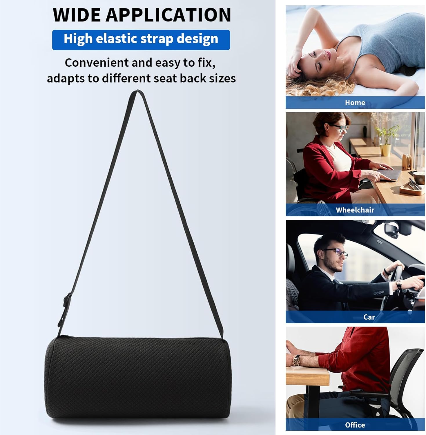 Lendenwirbelstütze Auto & Stuhl, Lendenkissen Rückenkissen Kurz, Orthopädisches Lendenkissen mit Bezug & Gurt, Bandscheibenwürfel Rückenstütze 28 x 11 cm (Schwarz) – Bild 7