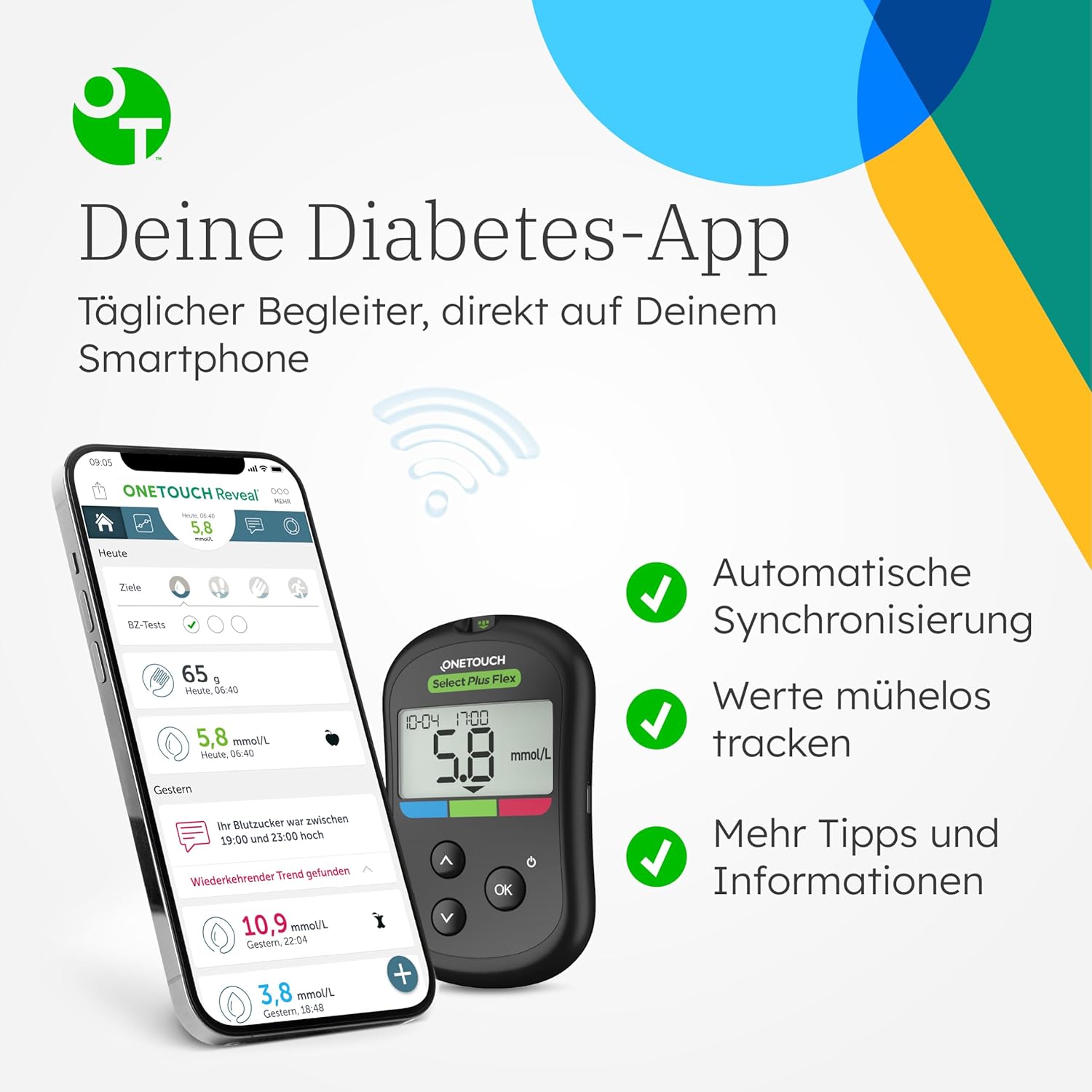 OneTouch Select Plus Flex Blutzuckermessgerät (mmol/L) | 1 Meter, 10 Teststreifen, 1 Stechhilfe, 10 Lanzetten und 1 Etui – Bild 9