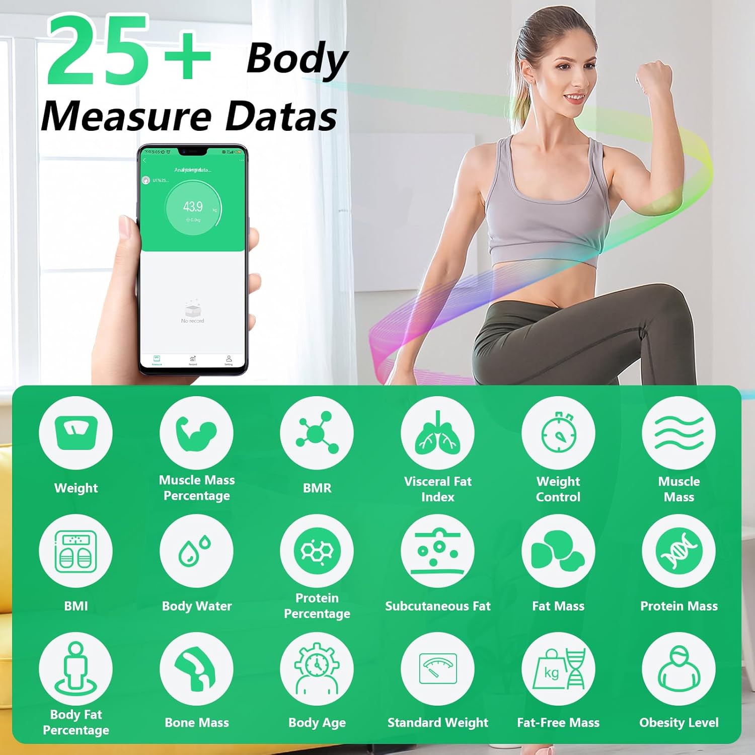Körperfettwaage, intelligente Personenwaage mit 8 Elektroden und Handsensoren, digitale Waage für Körperfett, BMI und Muskelmasse, 25 Körperdaten-Analysegerät bis 180 kg – Bild 2