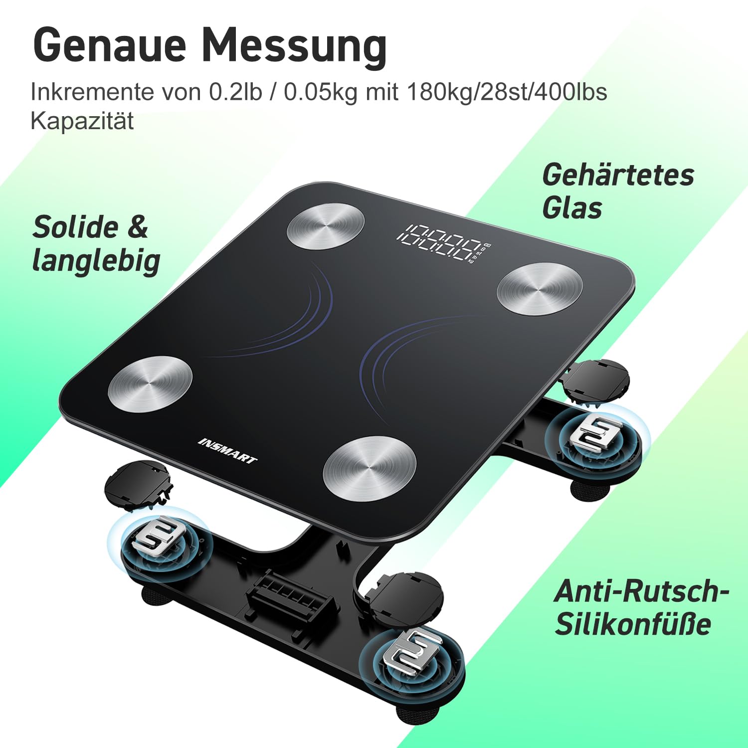 INSMART Digitale Personenwaage mit Bluetooth, Körperanalysewaage, Körperfettwaage für BMI, Gewicht, Pulsschlag, Wasser, Protein, Körperfett und Muskelmasse, 180 kg / 400 lbs, Graphitschwarz – Bild 4