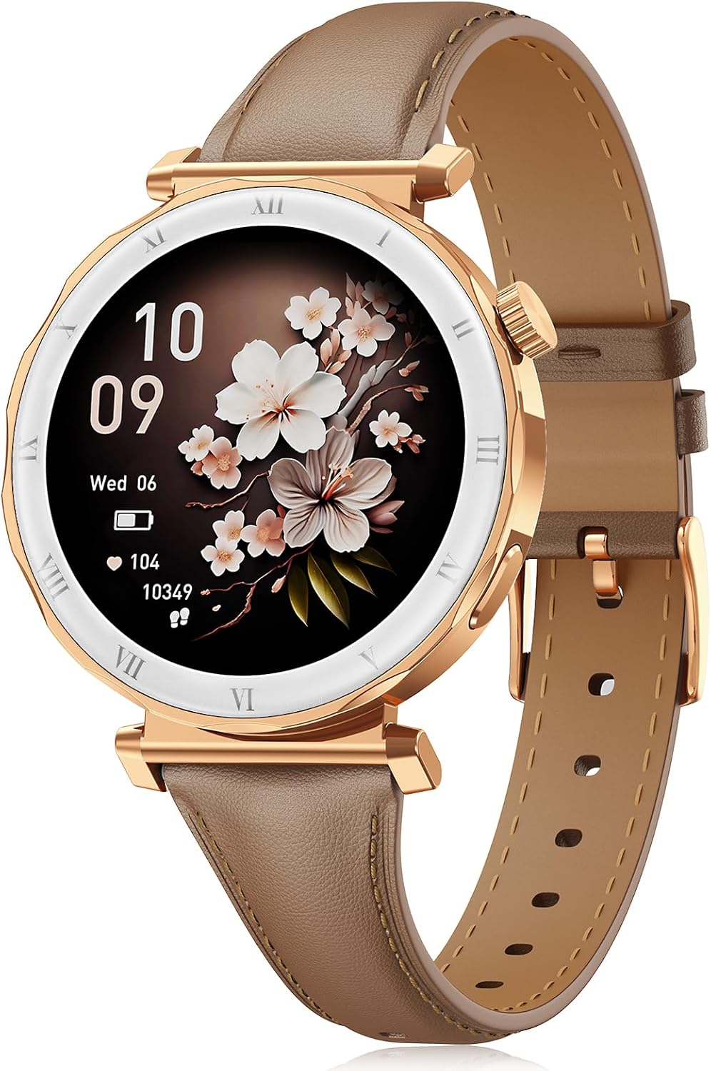 Damen-Smartwatch, Eleganz in Klein mit 1,19 Zoll AMOLED-Display und schmalem Lederarmband, Fitnessuhr mit Schrittzähler, Sportmodi, Puls-/SpO2-/Schlafmonitor für iOS/Android, Roségold/Braun