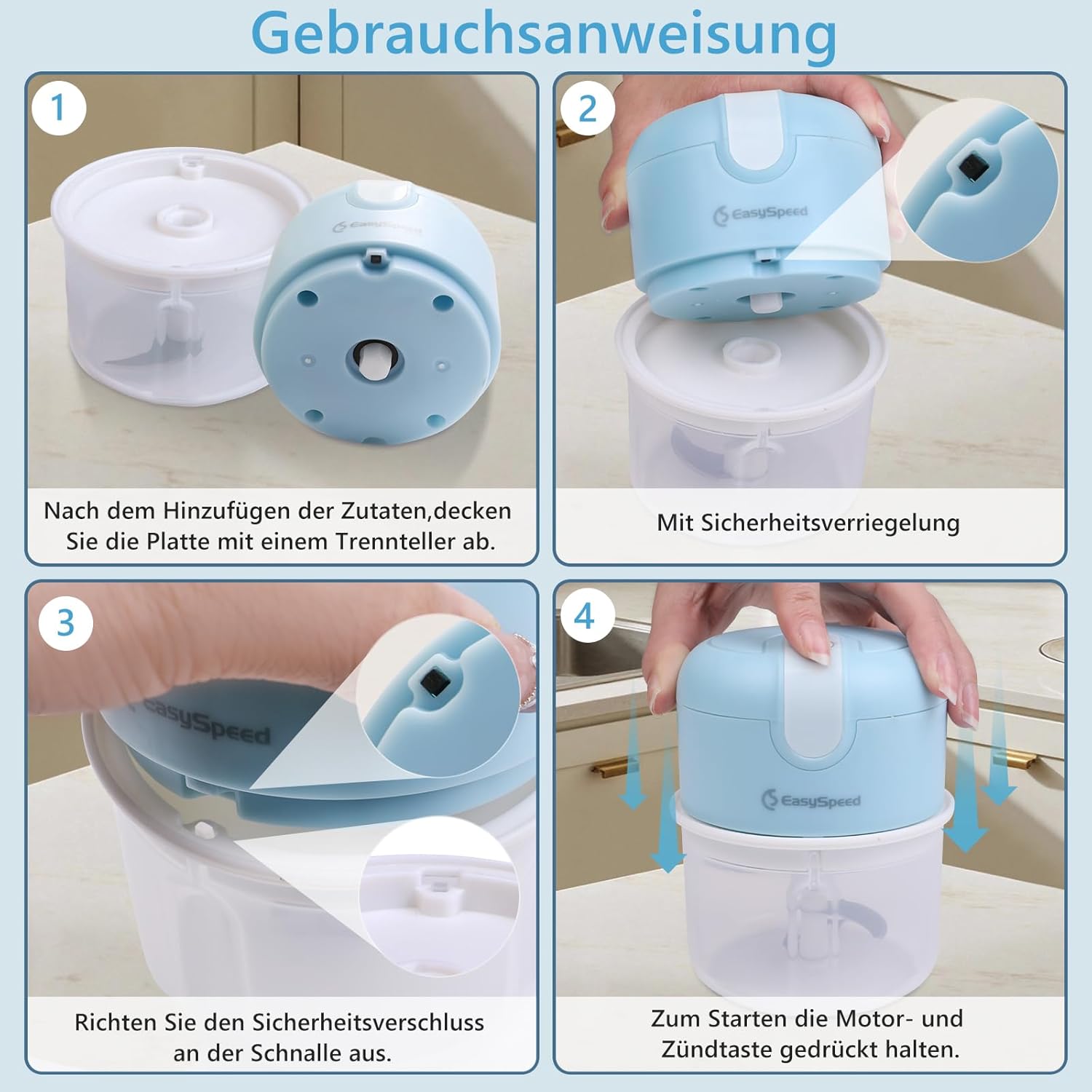 Elektrischer Mini-Zerkleinerer, 250 ml, kabellos wiederaufladbar über USB Typ C, Klinge aus Edelstahl 304, lebensmittelechtes Material, tragbarer Küchenhelfer für Obst, Gemüse, Knoblauch, Babybrei, Camping – Bild 8