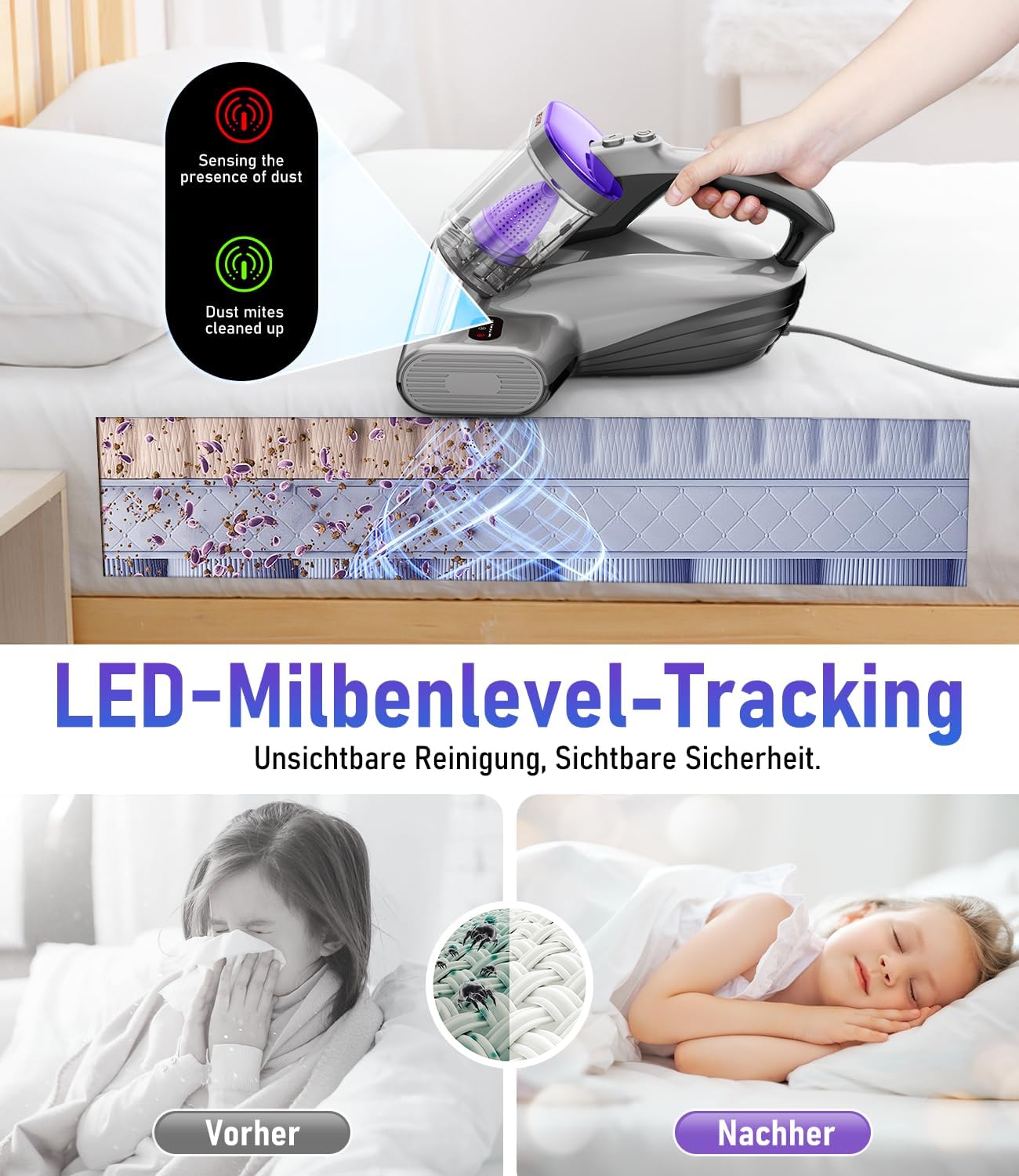 PEXCHO PM600 Milbenstaubsauger mit UV-Licht, 500 W Matratzenstaubsauger für Allergiker, Filter zur Entfernung von 99,9 % der Hausstaubmilben, Allergene, Tierhaare aus Matratzen, Teppichen und Sofas – Bild 5