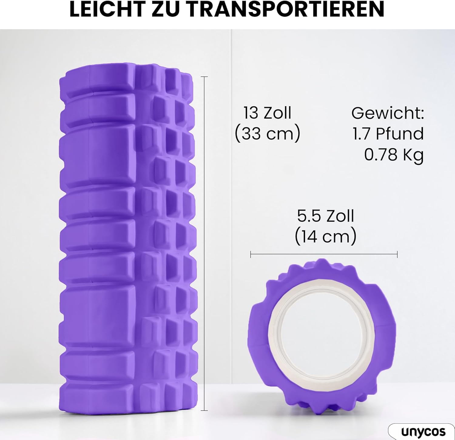 unycos - Faszienrolle (33 x 14 cm), Fitnessrolle mit 3D-Texturmassage und 50 Übungen E-Book, Hartschaumrolle zur Selbstmassage, belastbar bis 130 kg, Massagerolle für funktionelles Training (Lila) – Bild 5