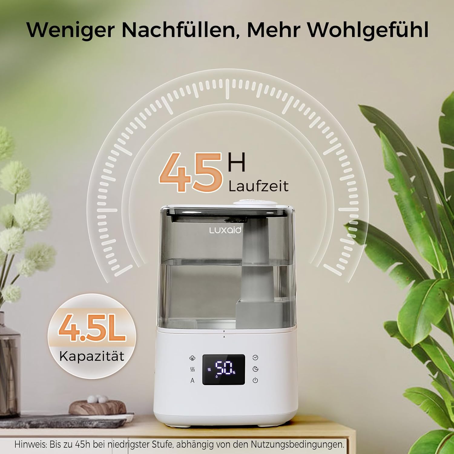Luftbefeuchter Schlafzimmer für den 4,5L Warm- und Kaltnebel, Ultraschall Luftbefeuchter mit Fernbedienung & Hygrostat, Top-Fill,45h Laufzeit, 28dB Leise, Timer, Auto-Abschaltung, HU-802 – Bild 5