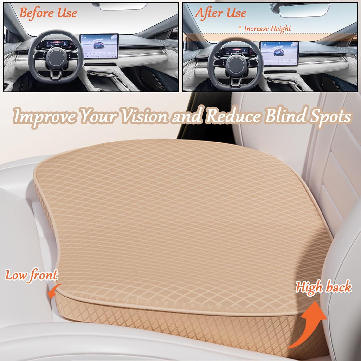 2-in-1-Keilkissen für Auto oder Lendenwirbelsäule – 8 cm weiches Memory-Schaum-Autositzkissen, Fahrersitzkissen – Komfortsitzkissen, Autokissen, Sitzkeilkissen für Auto und LKW, Beige – Bild 3
