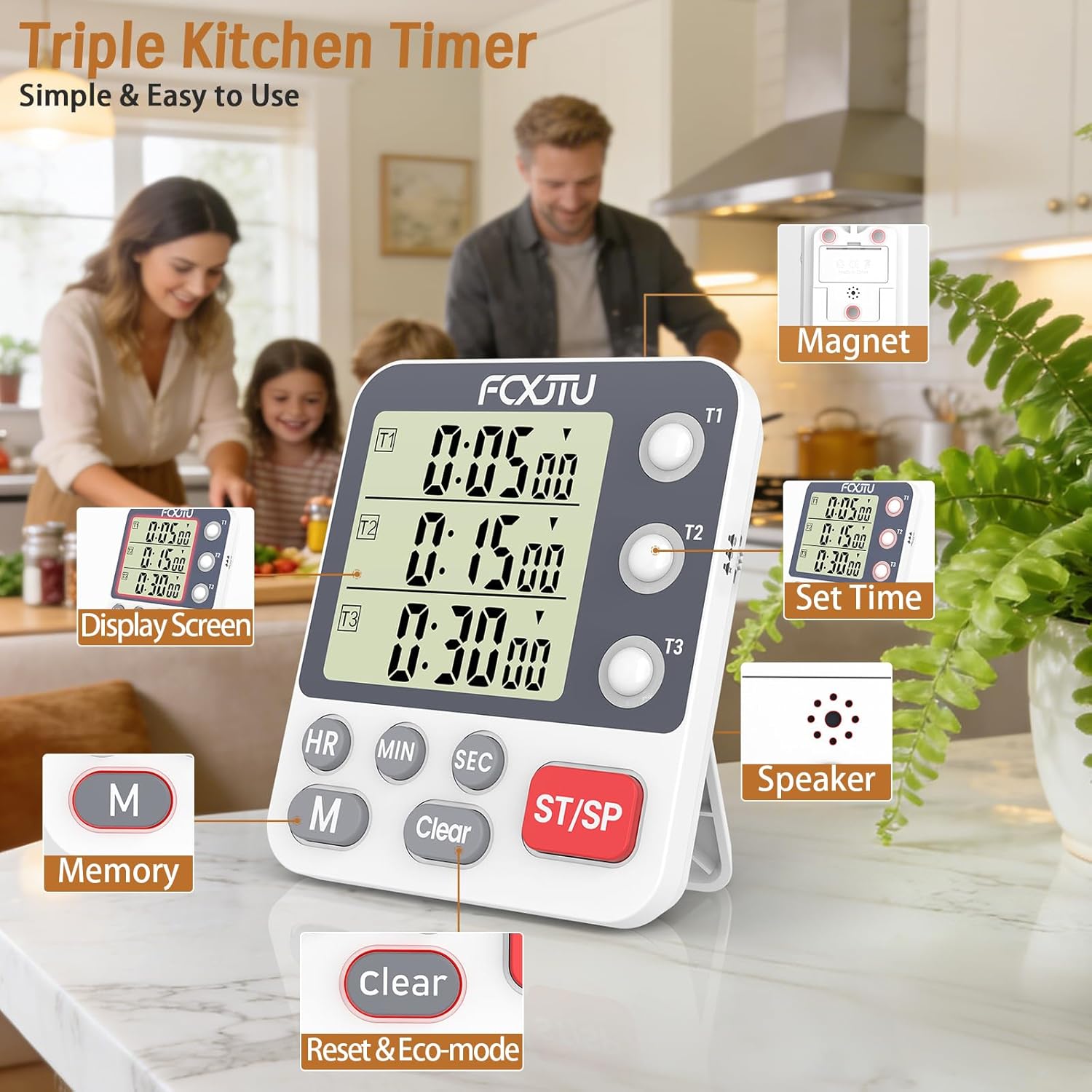 Digitaler Dual-Küchentimer, 3 Kanäle, Count-Up/Down-Timer, Kochtimer, großes Display, lauter Lautstärkealarm und Blinklicht mit magnetischer Rückseite, Ständer (weiß) – Bild 3