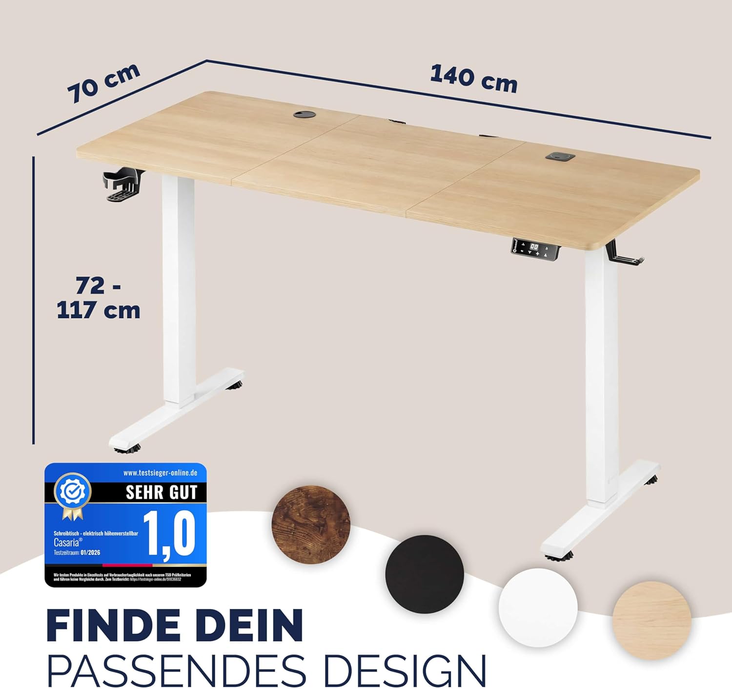 Casaria Höhenverstellbarer elektrischer Schreibtisch 140 x 70 cm mit kabellosem Ladegerät & USB-C/A-Anschluss, LCD-Display, Memory-Funktion, 80 kg Tragkraft, ergonomisch, Beige – Bild 2