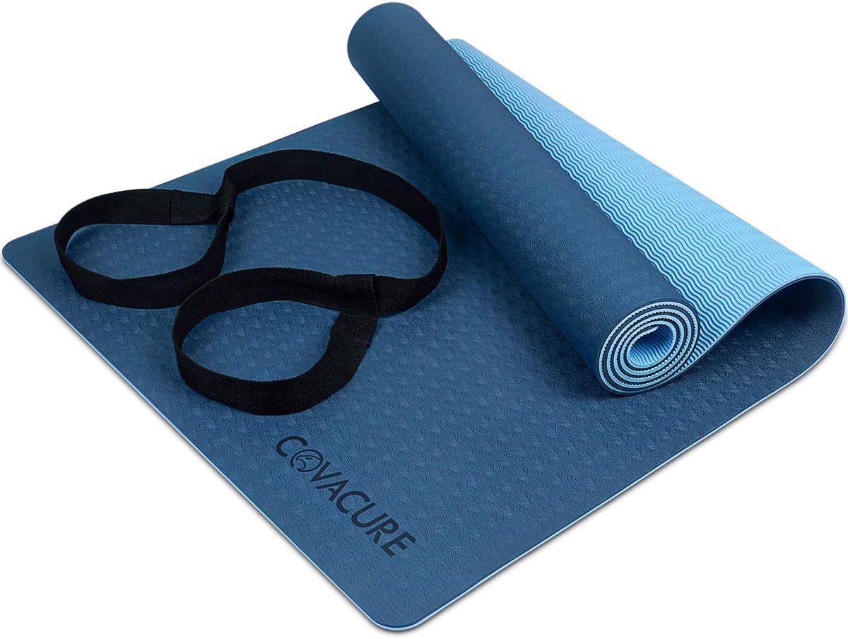 Covacure Matte für Yoga, Pilates, Gymnastik, Sport, Fitness, TPE, rutschfest, leicht, langlebig, mit Tragegurt, 183 x 66 x 0,6 cm, Blau