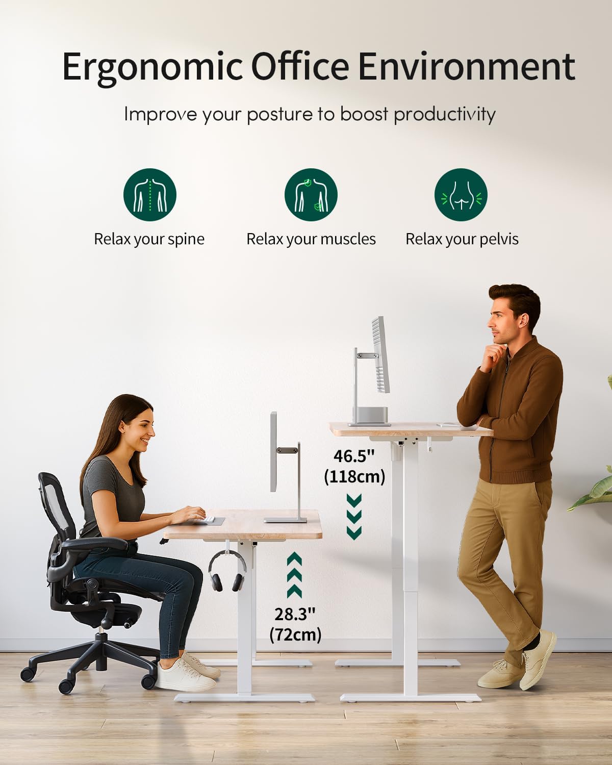 FEZIBO Höhenverstellbarer Schreibtisch, einteilige Tischplatte, 120 x 60 cm, Schreibtisch höhenverstellbar mit USB-A- und USB-C-Ladeanschlüssen, Stehsitztisch für Home Office, Stehpult, Eiche – Bild 9