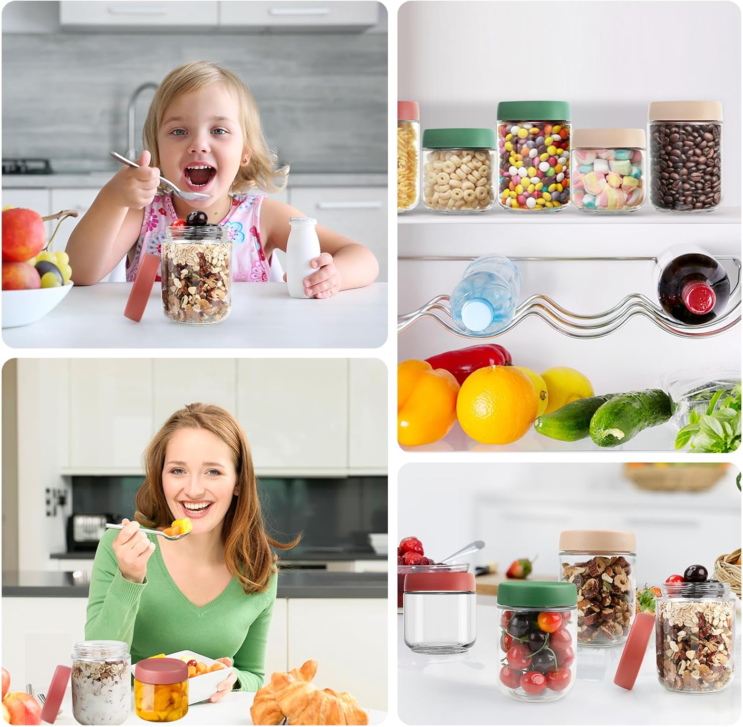 VINATO Meal-Prep-Gläser, 6er-Set mit Deckel, 3 x 480 ml + 3 x 350 ml Overnight Oats-Behälter, stapelbare Joghurtgläser aus Glas für Frühstück und Aufbewahrung – Bild 7