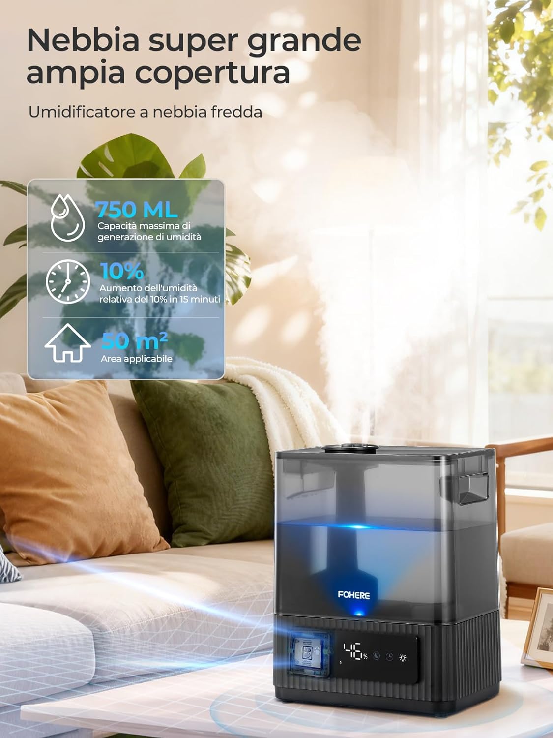 6L Luftbefeuchter für große Räume, kalter Nebel, leiser Luftbefeuchter für Kinderzimmer, Schlafzimmer, Pflanzen, 60 Stunden Laufzeit, präziser Feuchtigkeitssensor, Aromadiffusor, von oben befüllbar – Bild 2