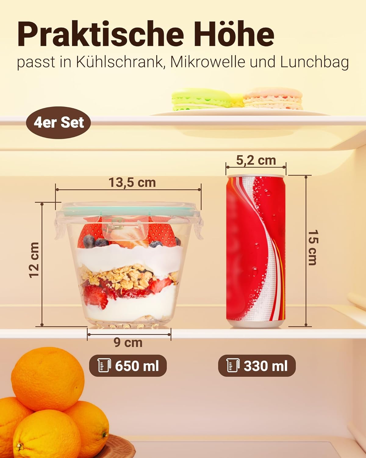 Glasbehälter mit Deckel, 650 ml, rundes Borosilikatglas, 4er-Set, auslaufsicher und BPA-frei, Meal-Prep-Gläser und Glasschüssel, Suppenbehälter, mikrowellen- und spülmaschinenfest – Bild 3