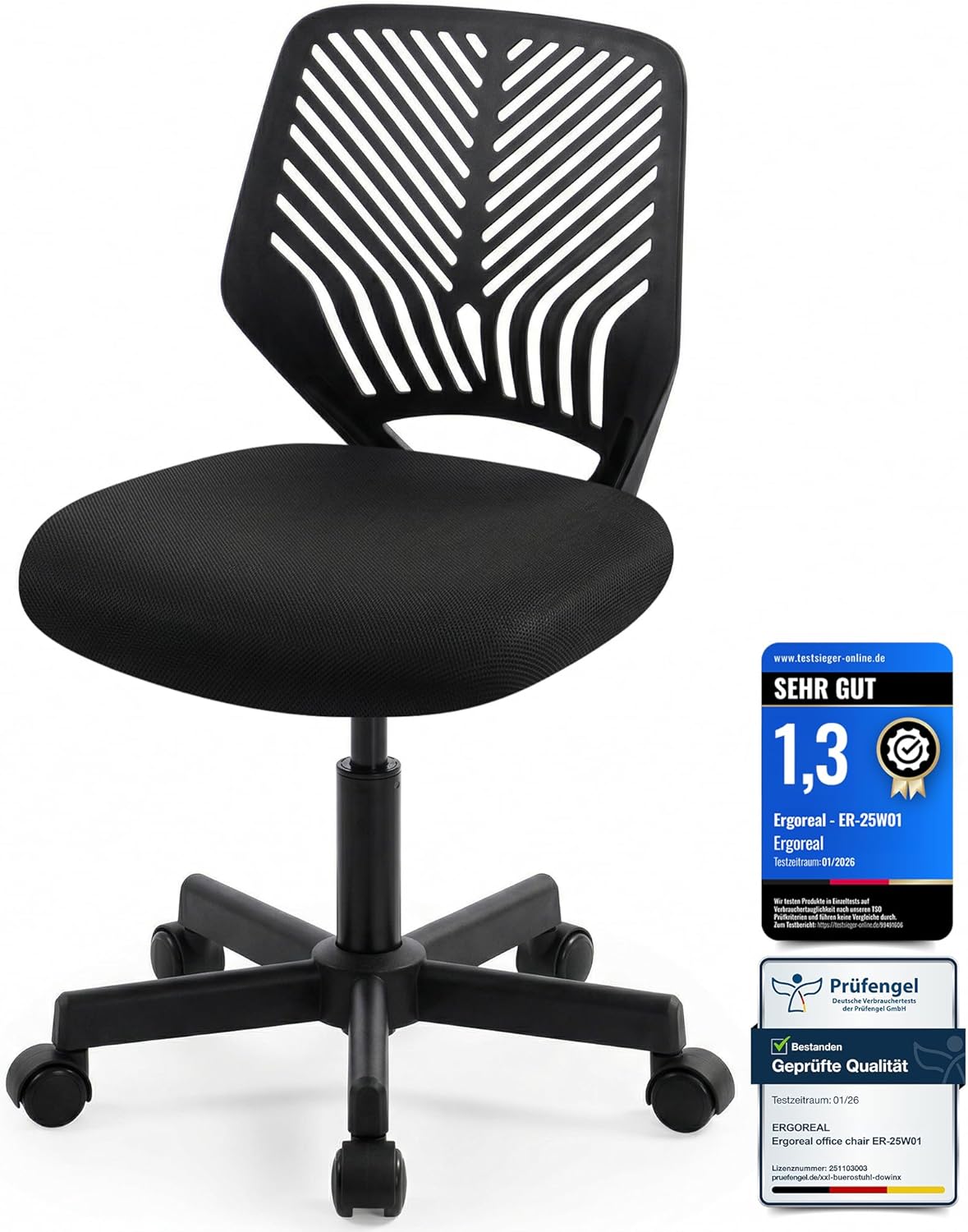 Ergonomischer Bürostuhl ohne Armlehne, Bürostuhl mit Rollen und Höhenverstellung, gemütlicher Bürostuhl mit ergonomischer Rückenlehne, Heimbüro/Arbeitszimmer/Arbeitszimmer (Tiefschwarz)