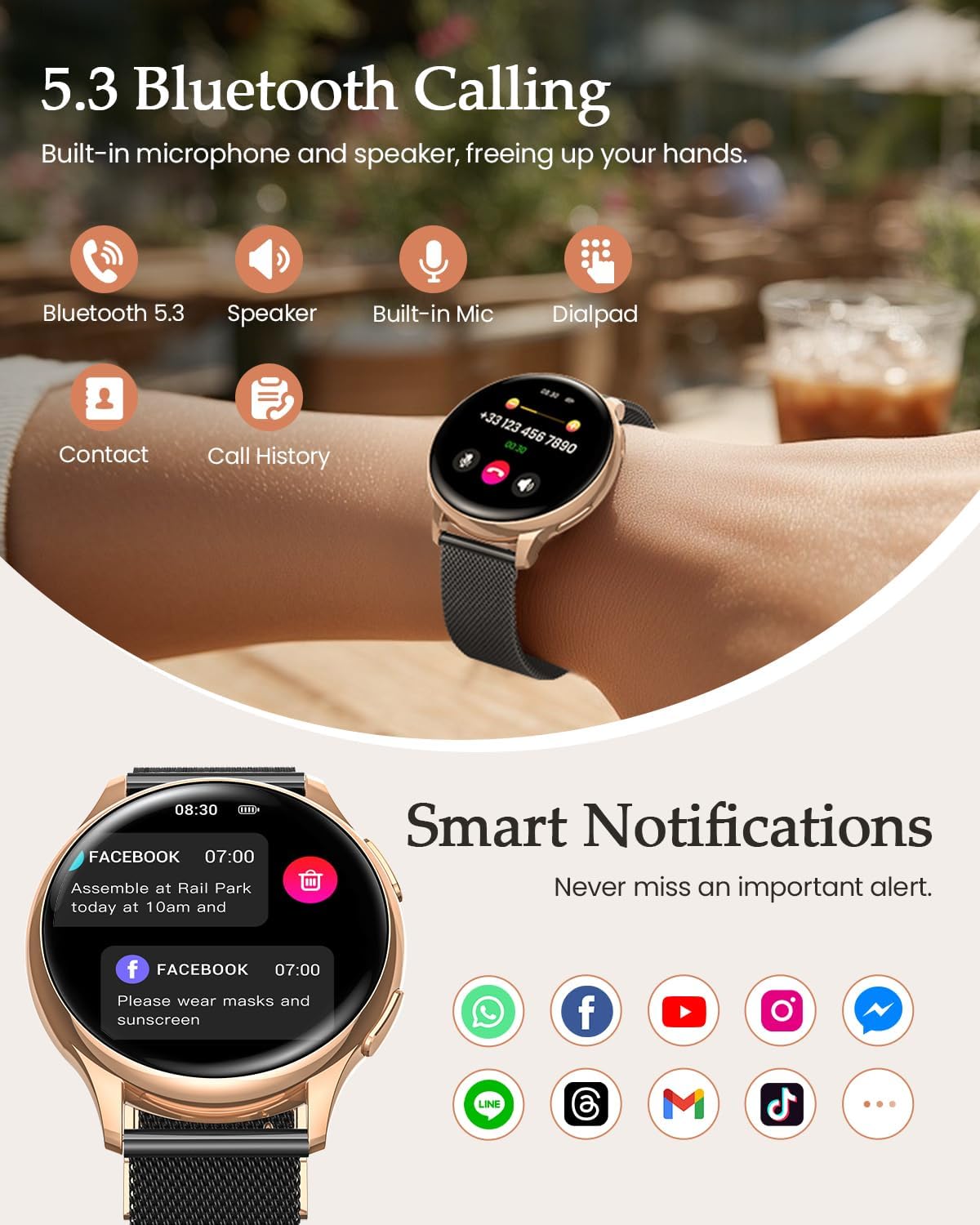 Damen Smartwatch 1,27 Zoll HD Fitnessuhr mit Telefonfunktion, Menstruationszyklus, 120+ Sportmodi, 24H Herzfrequenzmonitor, 24H SpO2, Schlafmonitor, Kalorien, Fitnesstracker, IP68 iOS Android Gold Schwarz – Bild 7