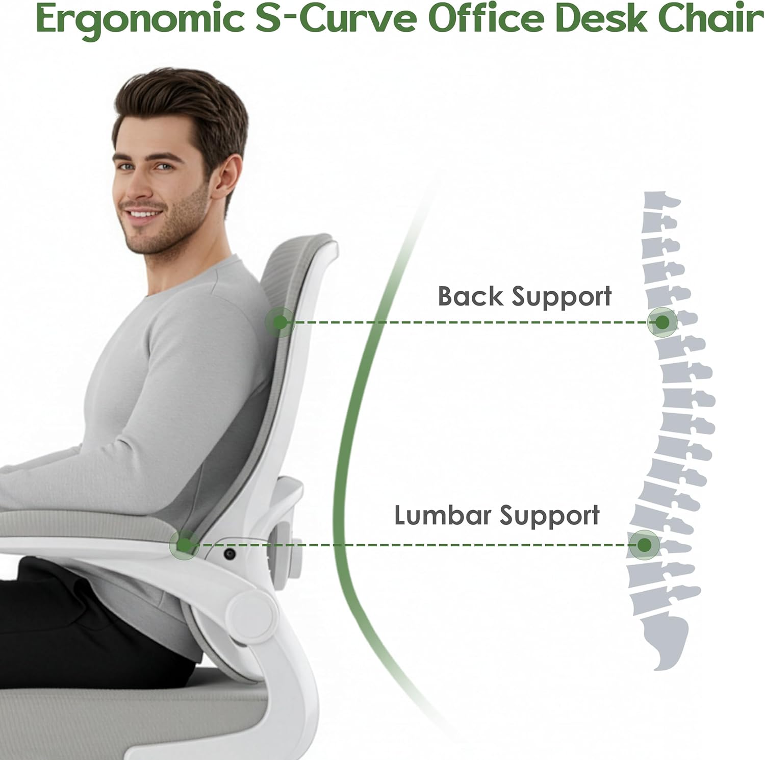 Farini Ergonomischer Roll-Computerstuhl aus Netzstoff mit verstellbarer Lendenwirbelstütze und aufklappbaren Armlehnen – Chefschreibtischstuhl, drehbarer Bürostuhl für das Heimbüro – Bild 6
