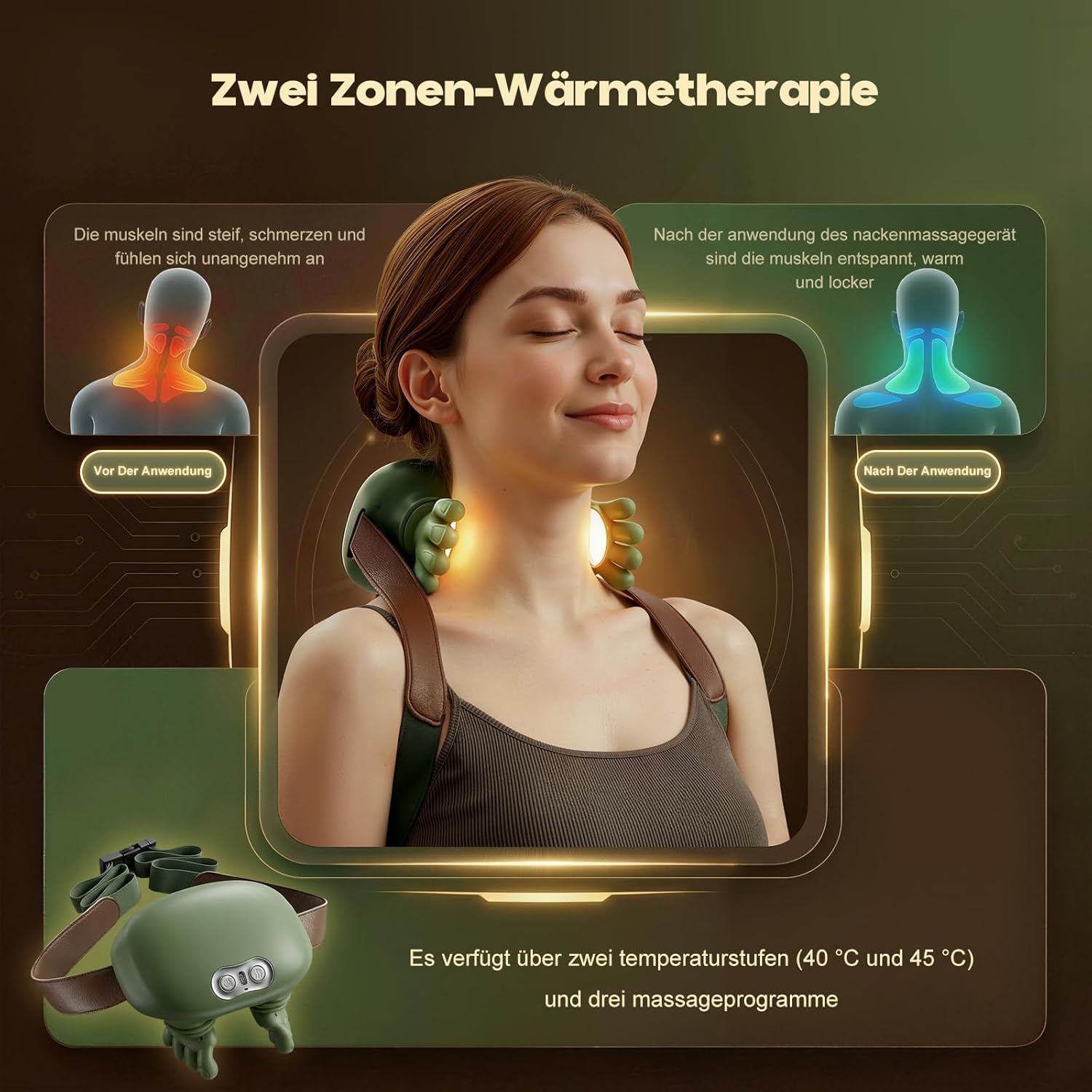 Massagegerät, 4D-Nackenmassagegerät mit Wärme, tragbarer Nacken, 3 Modi und 2 Wärmeeinstellungen, USB elektrisch, entspannt Muskeln und lindert Müdigkeit, für Zuhause und Büro, Grün – Bild 3