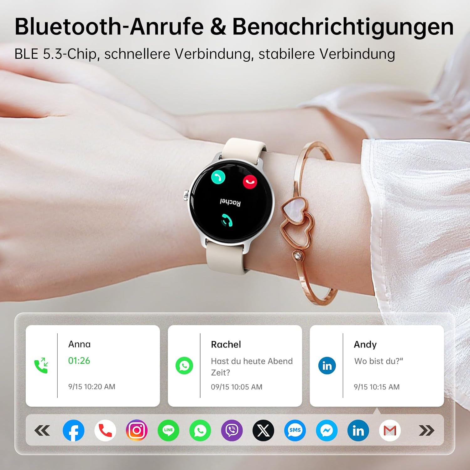 Smartwatch Damen Herren rund 1,27 Zoll AMOLED Smartwatch mit Telefonfunktion, Fitnessuhr mit Herzfrequenzmesser SpO2 Schlafmonitor Schrittzähler 120+ Sportmodi Sportuhr IP68 Wasserdicht für iOS Android Beige – Bild 2