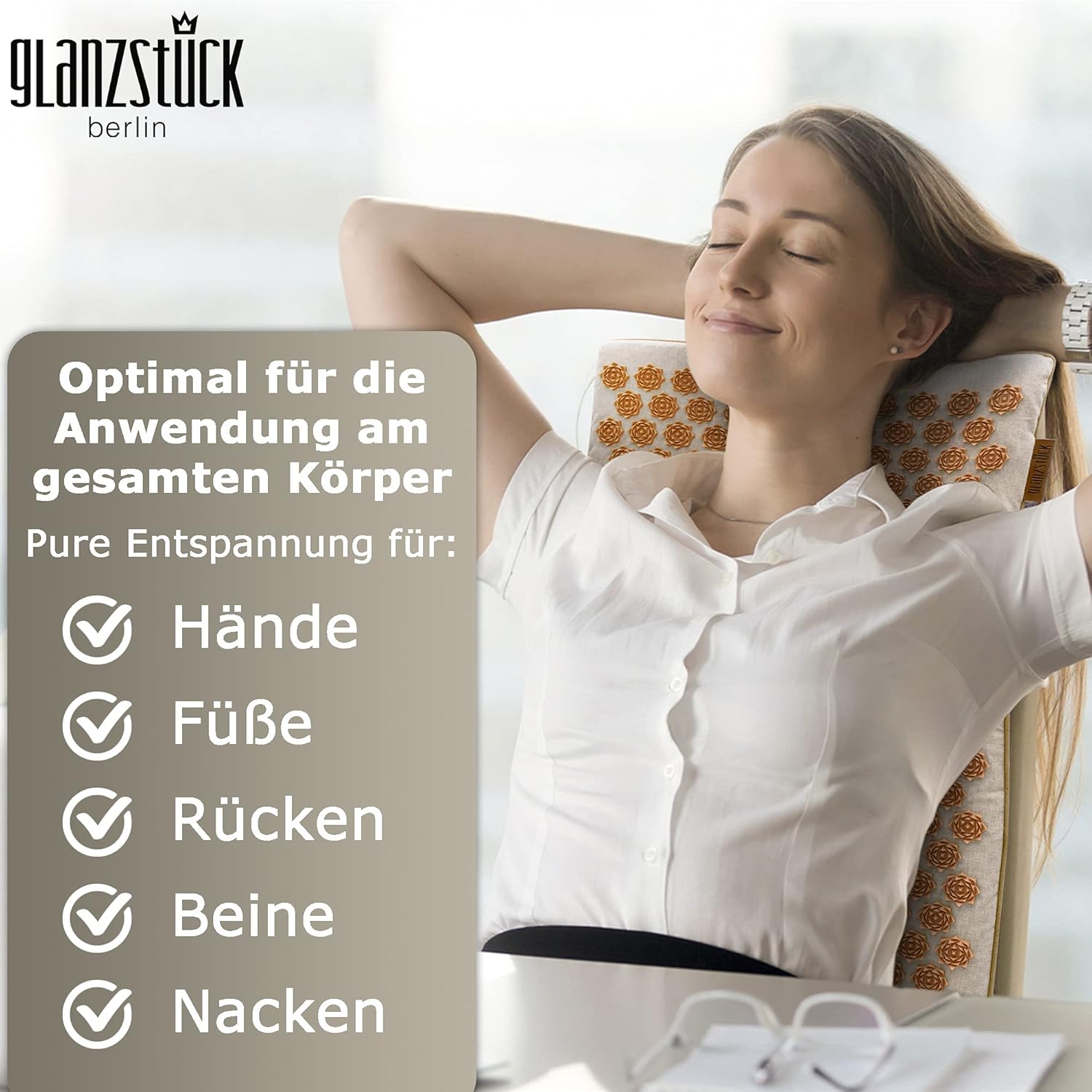 Glanzstück Berlin Health Collection: XL Akupressurmatten-Set Original aus Leinen, hilft bei Verspannungen, Rückenschmerzen, Massagematte mit Kissen (Wärmefunktion) und Tasche, nachhaltig – Bild 7