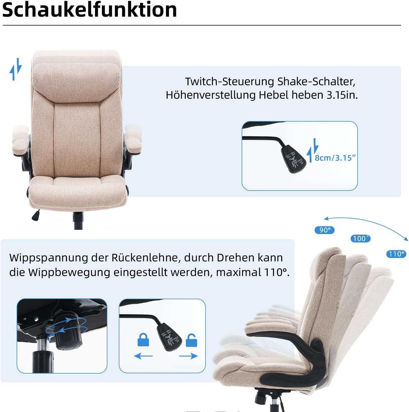 MZLEE Ergonomischer Bürostuhl, Computerstuhl, Schreibtischstuhl, drehbarer Arbeitsstuhl mit hochklappbarer Armlehne, höhenverstellbar, bequem für Büro, Zuhause, Gaming (beiger Stoff) – Bild 7