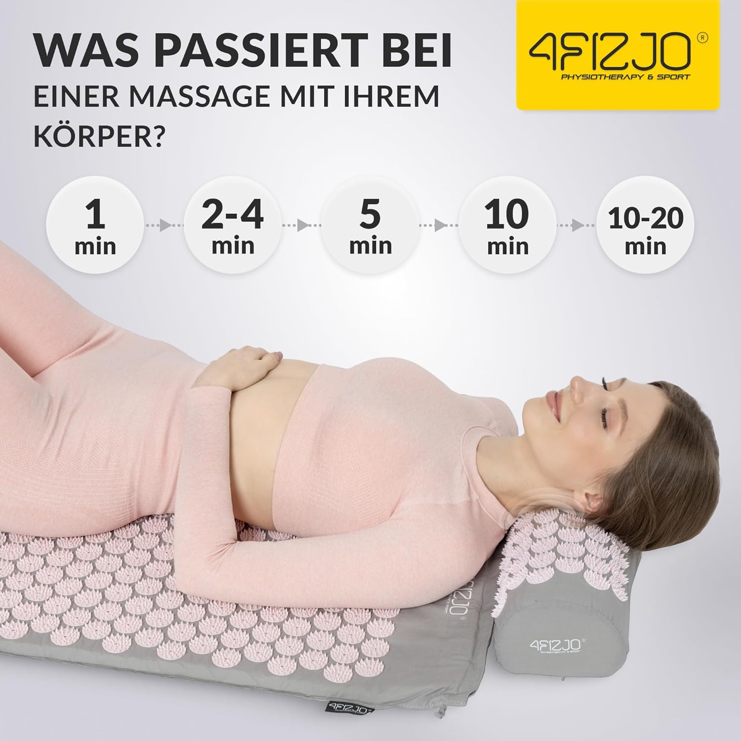 4FIZJO Akupressurmatte & Kissen XL, 110 x 42 x 2 cm, mit Tragetasche, Polyurethanschaum, hypoallergen, 15330 Spikes, Massagematte für bessere Durchblutung, Muskelentspannung, Farbe: Grau und Rosa – Bild 9