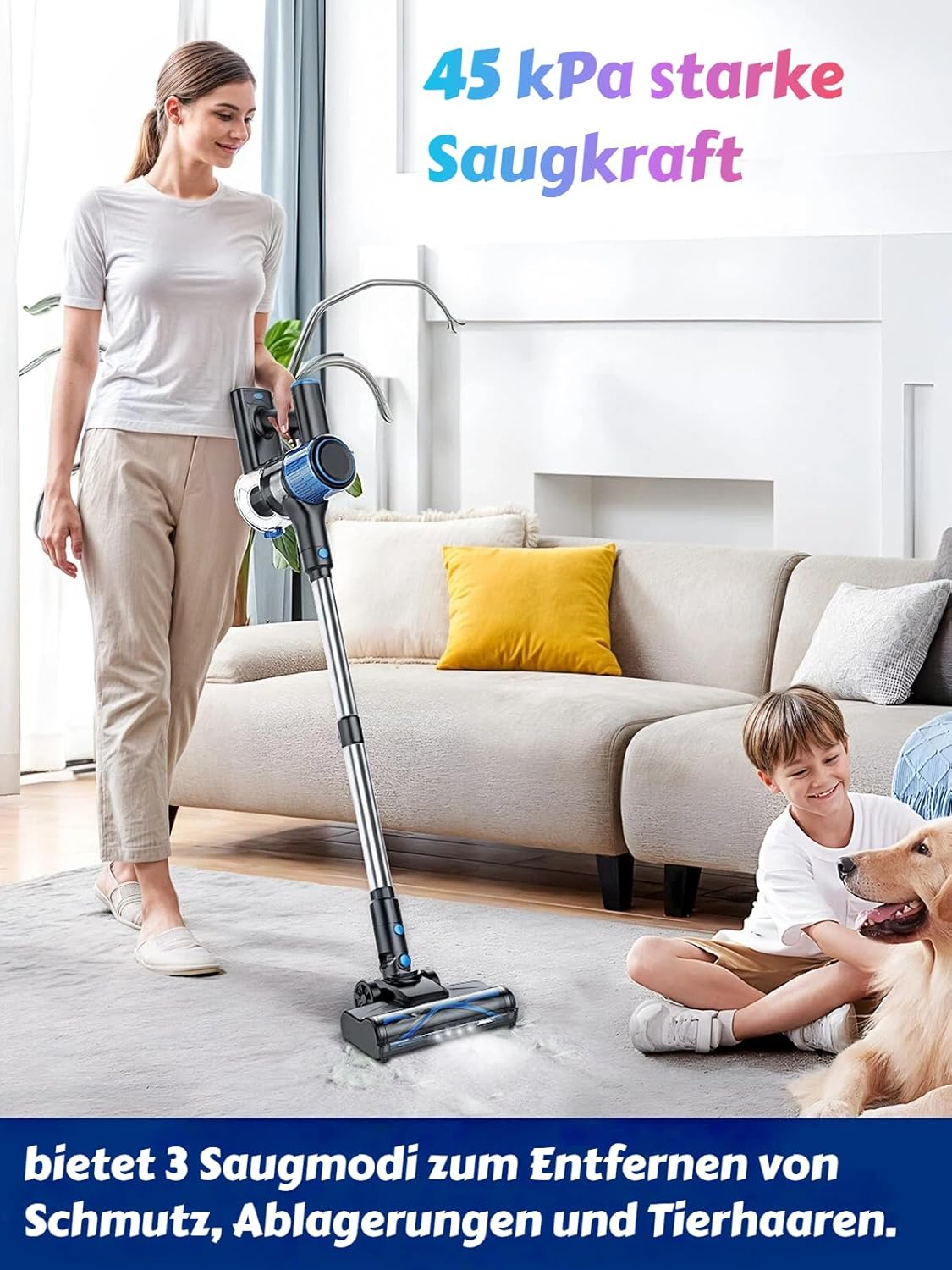 Staubsauger Kabellos 45 KPa/500 W/45 Min., selbststehend, LED-Anzeige, Anti-Tangle-Bürste – Bild 3