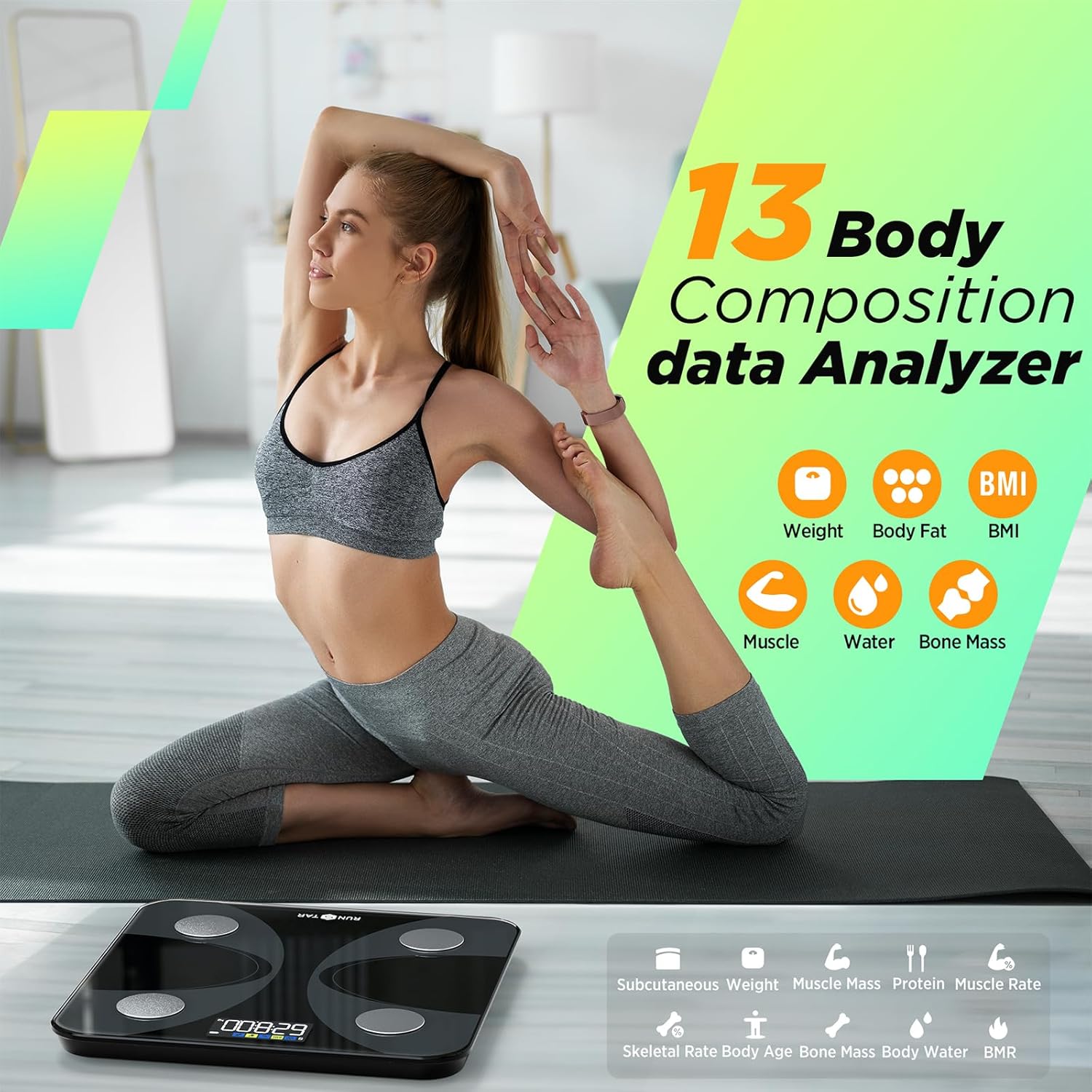 Digitale Körperfettwaage RunSTAR mit großem Display, Analysator für 13 wesentliche Körperwerte mit App-Synchronisierung – Bild 3