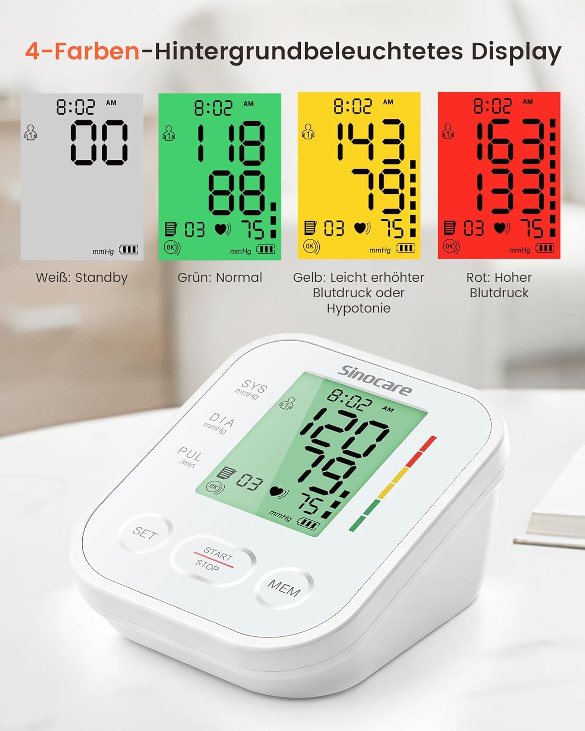 Blutdruckmessgerät Oberarm mit 4-Farben-Display mit Hintergrundbeleuchtung, Vollautomatisches Blutdruckmessgerät für Zuhause, Blutdruckmessgerät Große Manschette, sinocare Blutdruckmessgerät – Bild 3