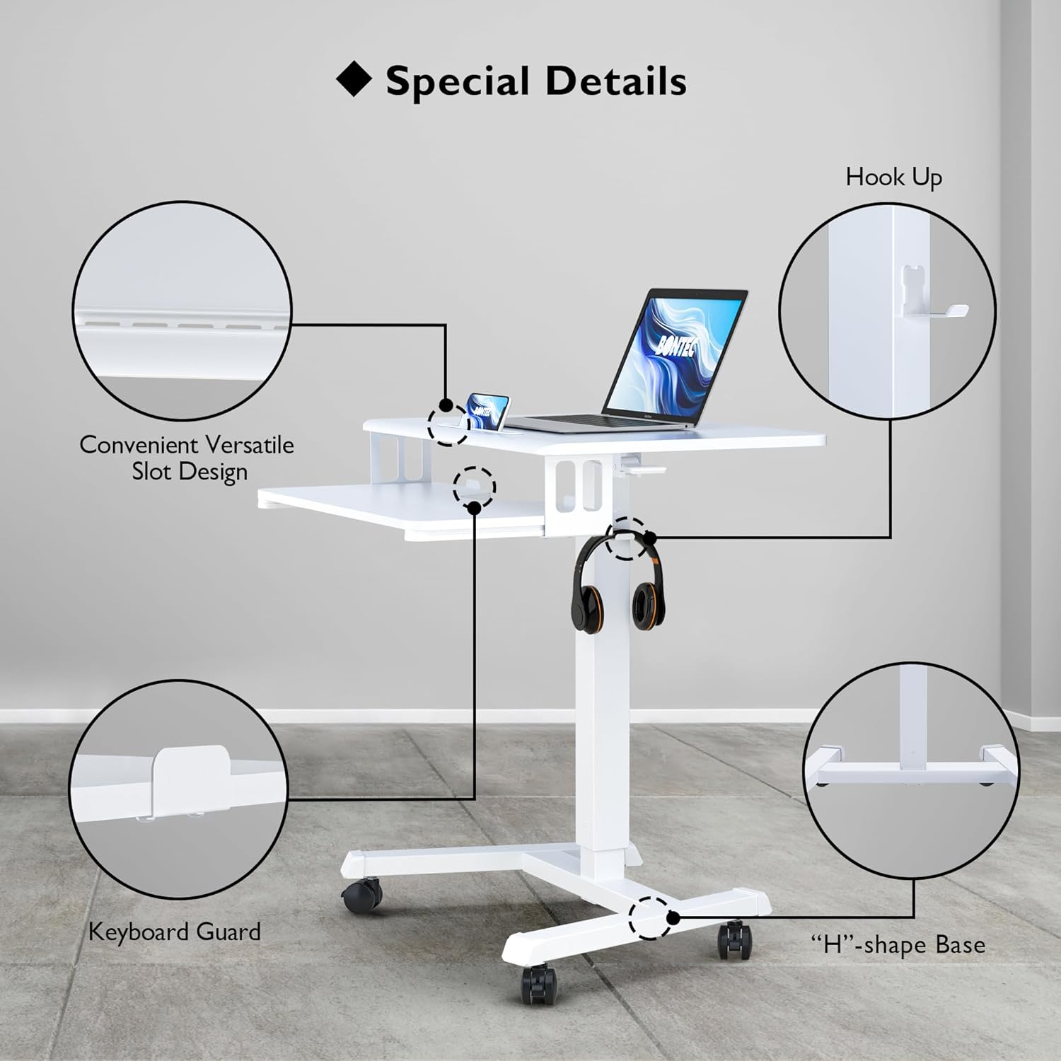 BONTEC Schreibtisch höhenverstellbar mit Tastaturablage, mobiles Podium, Computerarbeitsplatz bis 15 kg, Laptopsitz oder Stehpult auf Rollen, höhenverstellbarer Stehschreibtisch, weiß – Bild 5
