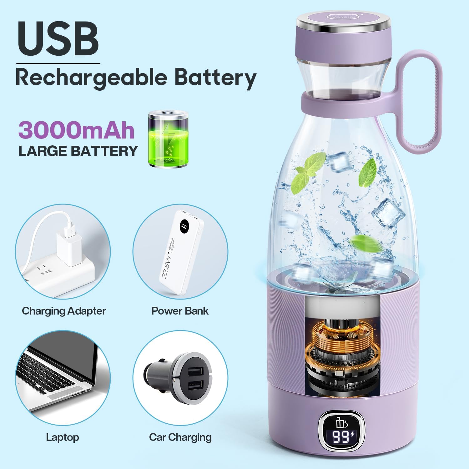Tragbarer Mixer, MIAOKE 6-Klingen-Entsafterbecher für Saft, Shakes und Smoothies, 350 ml Mini-Mixer mit LED-Anzeige, USB wiederaufladbar, 3000 mAh wiederaufladbarer Akku, für Zuhause, Sport, Outdoor – Bild 6