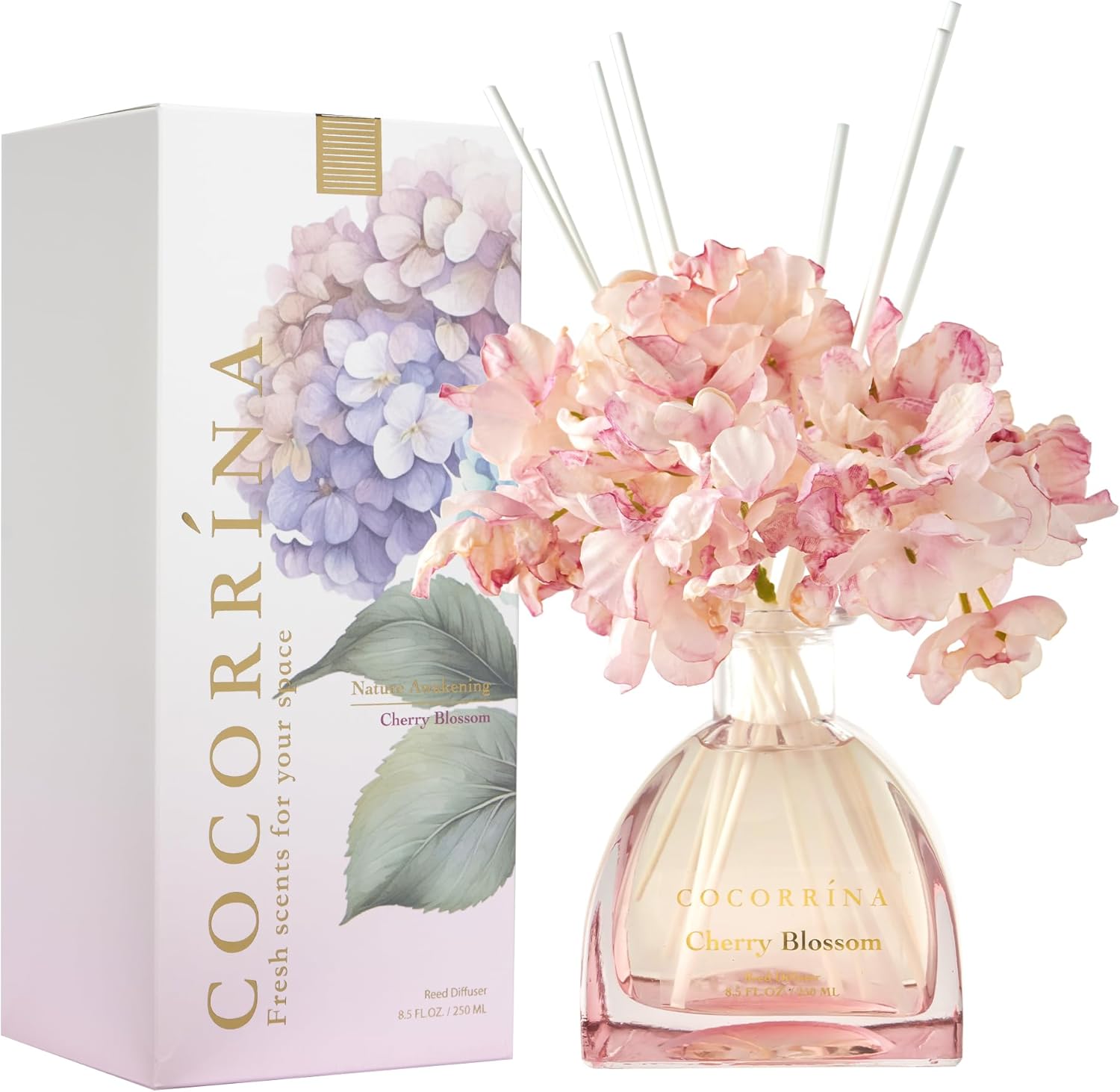 COCORRÍNA Blume 250 ml Raumduft mit 8 Duftstäbchen, Kirschblüte, natürlich, langanhaltend, Raumduft für Wohnzimmer, Schlafzimmer, Badezimmerregaldekor – Bild 2