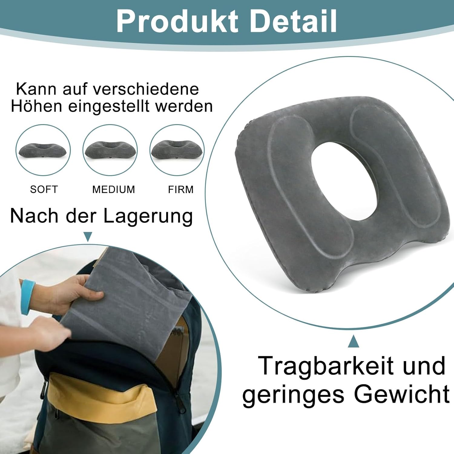 Aufblasbares Hämorrhoidenkissen, orthopädisches Sitzkissen, Donut-Kissen gegen Steißbeinschmerzen, Hämorrhoiden-Sitzkissen, rundes Hämorrhoiden-Sitzkissen für Rollstühle, Bürostühle, Autositz (grau) – Bild 3