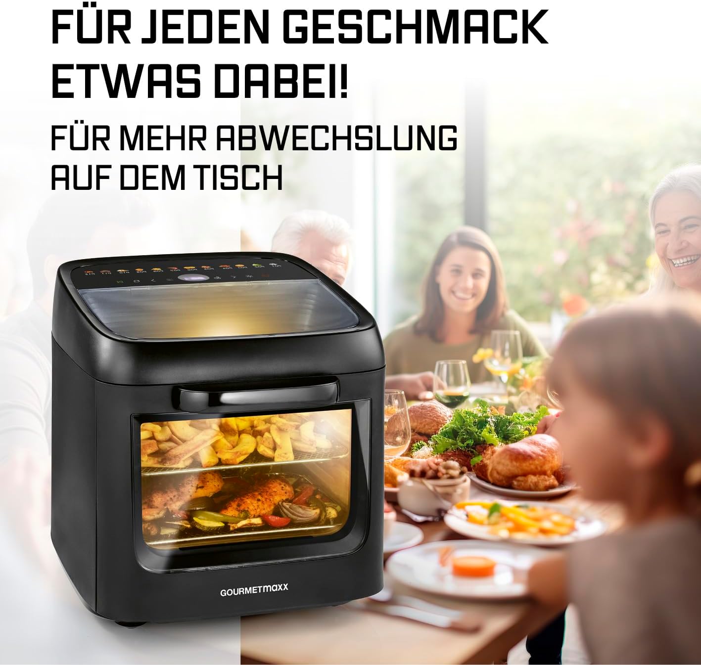 GOURMETmaxx Heißluftofen mit Panoramadach und Frontfenster 12,5 L | Heißluftfritteuse mit 9 Funktionen | Heißluftfritteuse und Minibackofen in 1 | für max. 8 Personen | Heißluftfritteuse mit Farbsymbolen – Bild 8