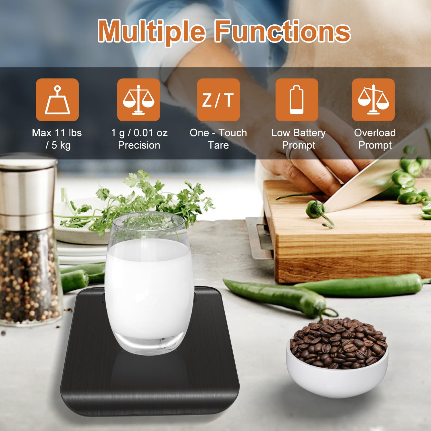 CROWNFUL Digitale Küchenwaage, 5 kg Digitale Küchenwaage mit LCD-Display, Gewicht Unzen und Gramm zum Kochen und Backen, 6 Einheiten mit Tara-Funktion, 304 Edelstahl (Schwarz) – Bild 3