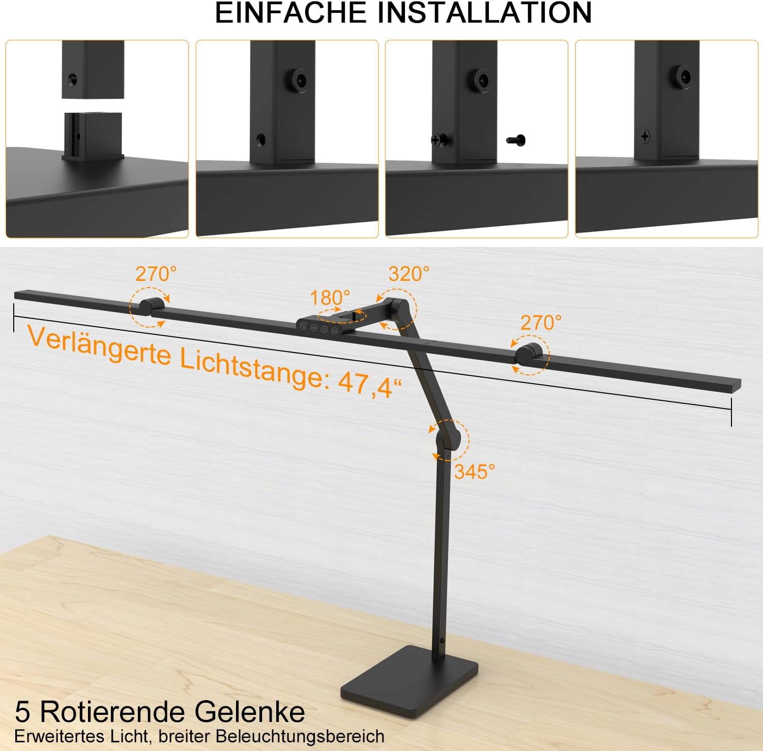 EPABINA Die 36W 3000 Lumen Schreibtischlampe mit Sockel, LED Dimmbar Tageslichtlampe, Drehbare Tischlampe, 120cm Monitor Lampe mit Automatischer Beleuchtung für Zeichnen – Bild 4
