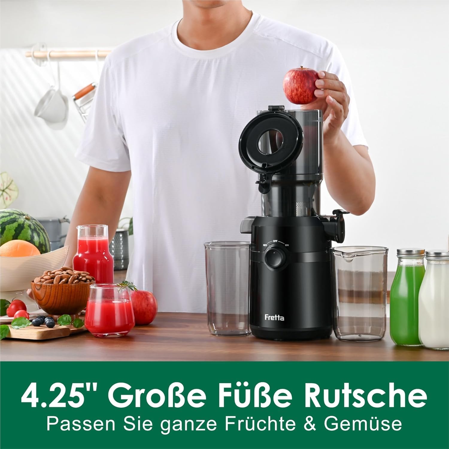 Fretta Entsafter, Slow Juicer mit 108 mm Breite und größerem Einfüllrohr, Füllvolumen für ganzes Gemüse und Obst, BPA-freier Entsafter aus Tritan-Material, einfache Installation, 200 W – Bild 3