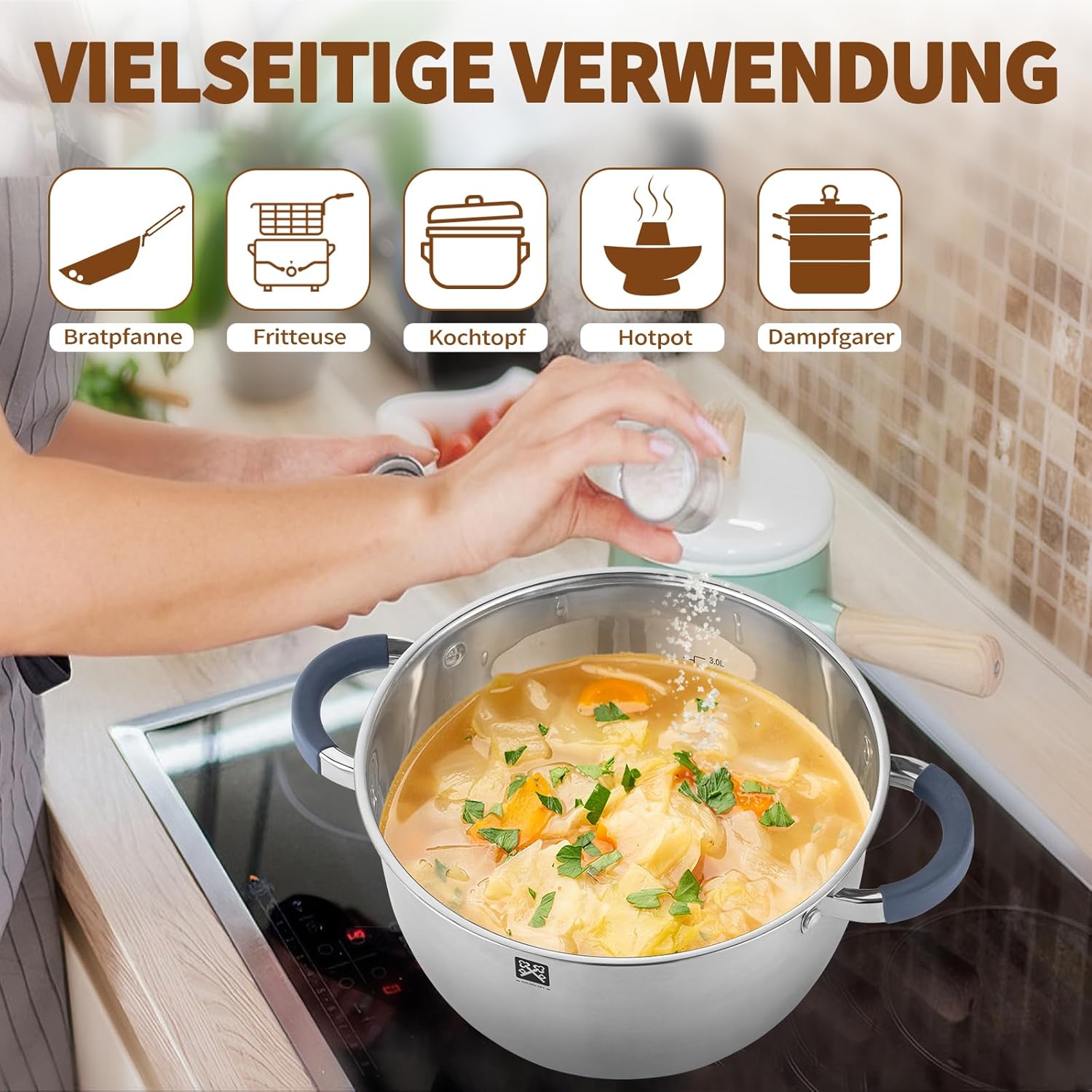 Dampfgarer mit Glasdeckel 24 cm, Edelstahl 5,3 l Dampftopf inklusive Dampfkorb, Induktionsdämpfer, Kartoffeldämpfer, Couscous-Topf, geeignet für Gemüse, Suppen, Knödel, Backofen und Spülmaschine – Bild 8