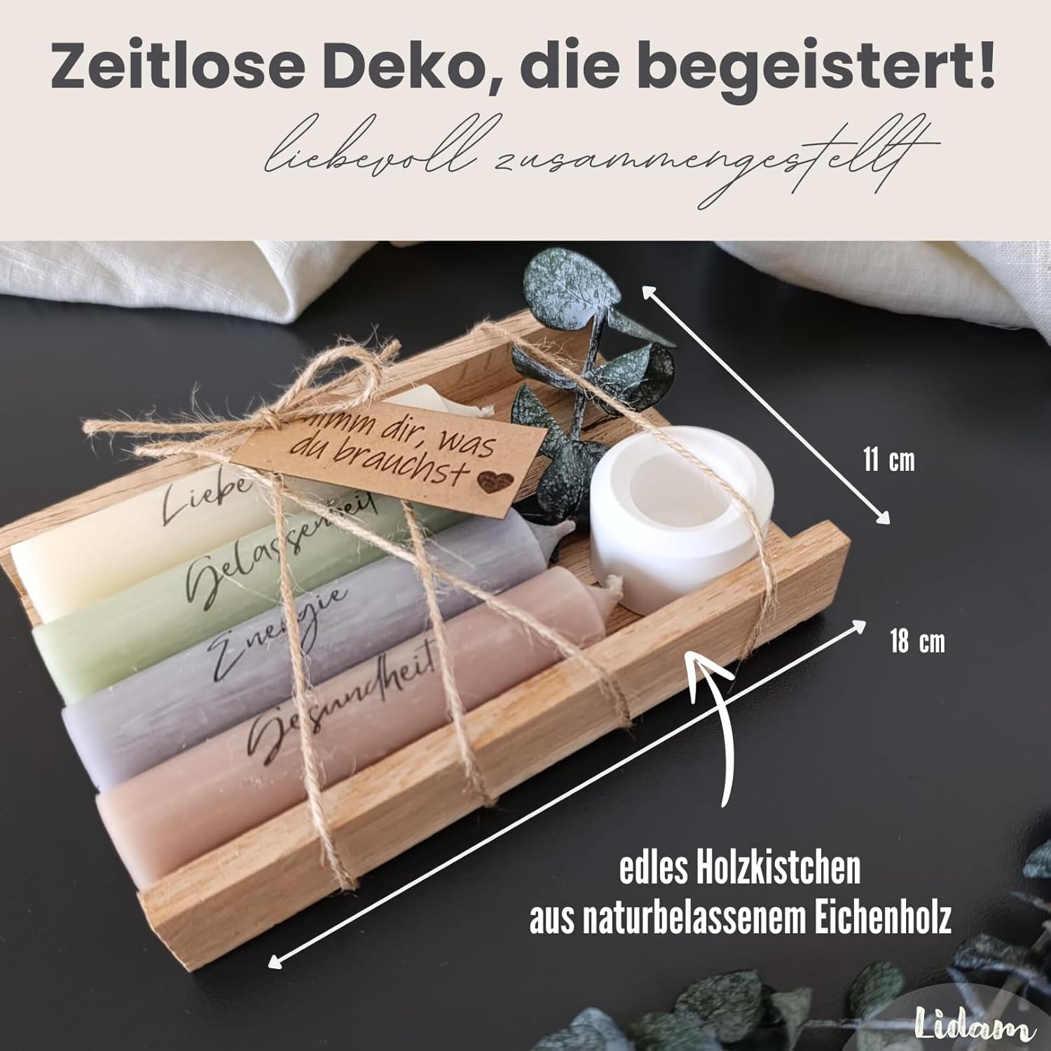 Kerzen-Geschenkset, Geburtstagsgeschenk für Frauen oder Freundin | Nehmen Sie, was Sie brauchen | Kleines Geschenk | Kerzenhalter aus Holz mit Kerzendekoration und Eukalyptus – Bild 4