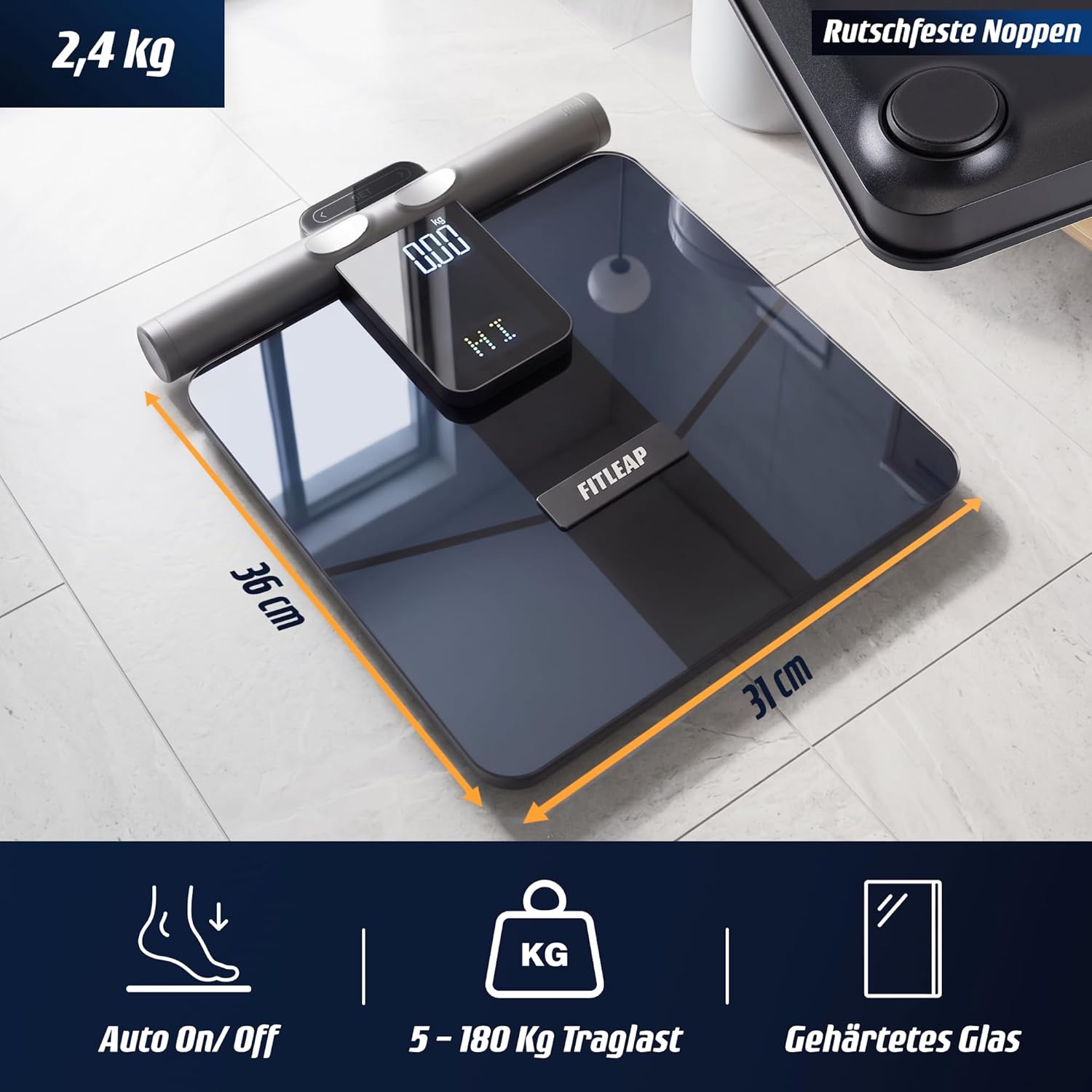 Fitleap Körperfettwaage mit Griff & App, 8 Elektroden, 21 Messungen, Bluetooth-Personenwaage, Körperanalysewaage, BMI Muskelmasse, Körperfett, bis 180 kg, 24 Benutzerprofile – Bild 5