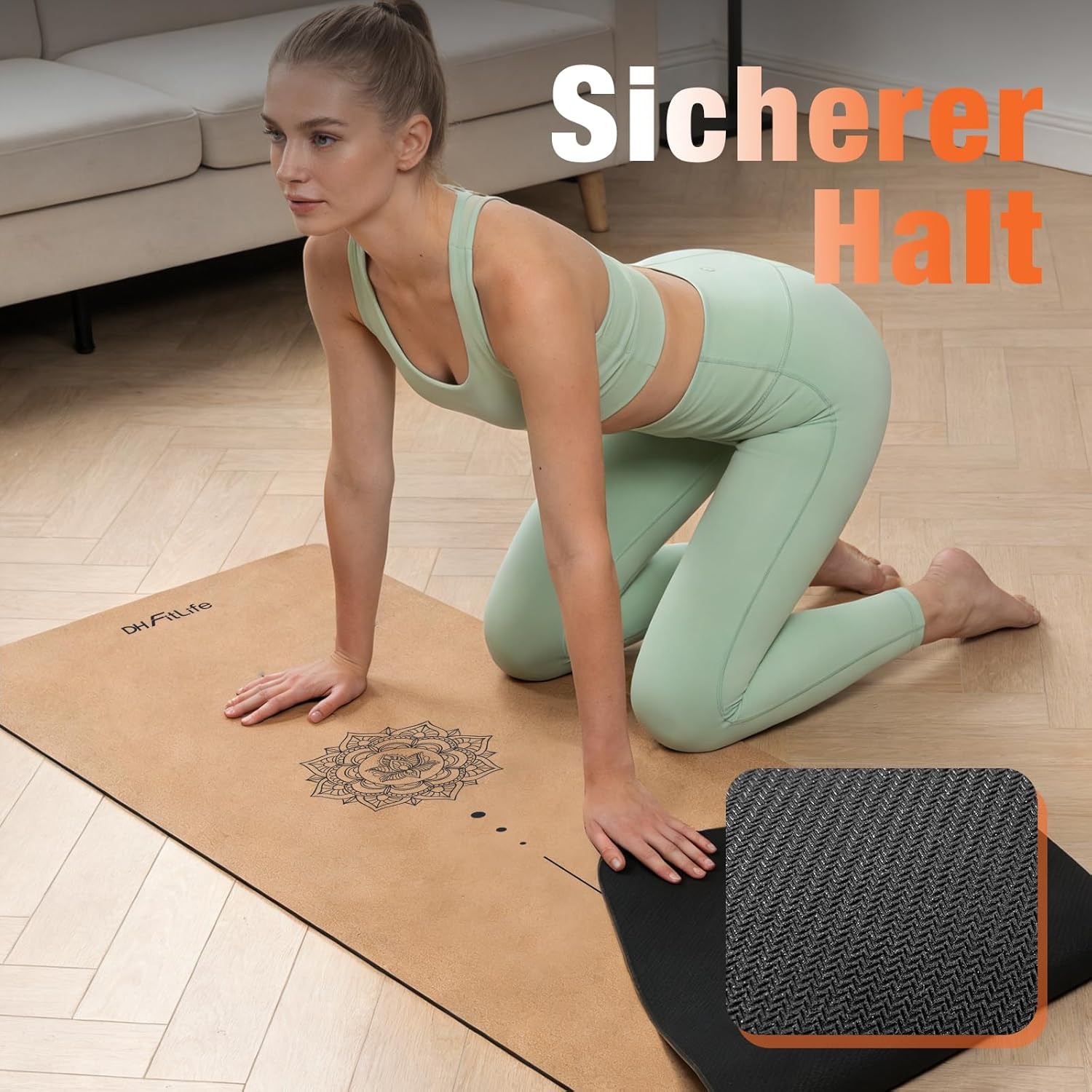 DH FitLife Kork-Yogamatte, rutschfest, aus Naturkautschuk | Gebrauchsfertig | Leicht zu reinigen | Hochwertige Sport-, Fitness- und Gymnastikmatte für Yoga, Pilates und Balance – Bild 3