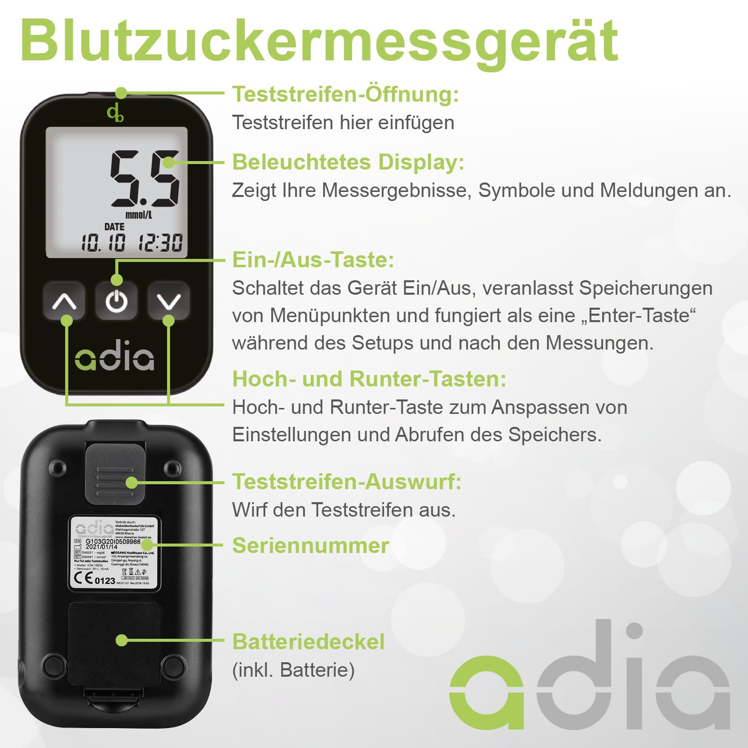 adia Blutzuckermessgerät (mmol/L, internationale Einheit) + 60 Blutzucker-Teststreifen, 10 Lanzetten, Stechhilfe & Koffer – Vorteilsset zur Blutzucker-Selbstkontrolle bei Diabetes – Bild 9