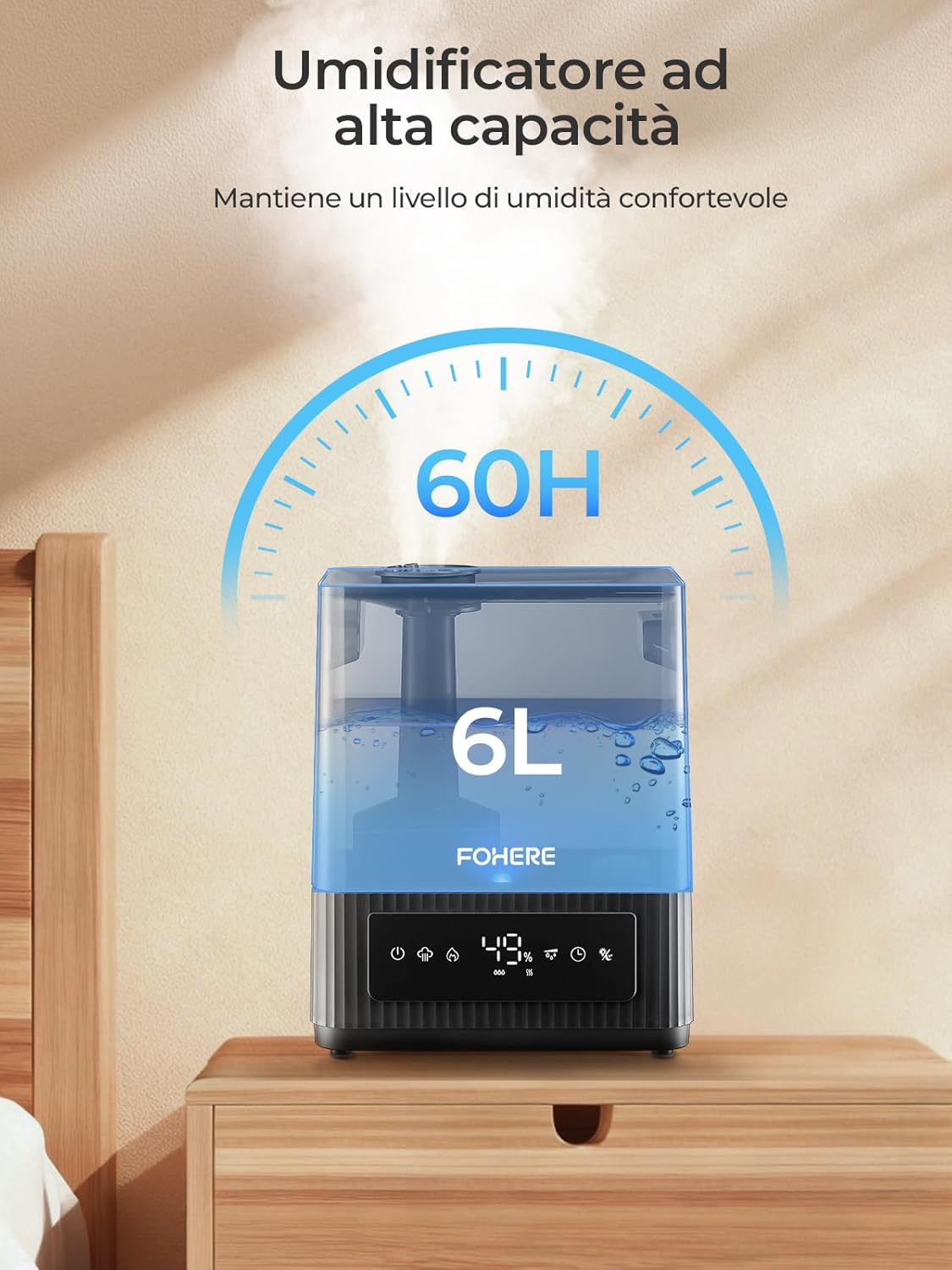 6L Luftbefeuchter für große Räume, kalter Nebel, leiser Luftbefeuchter für Kinderzimmer, Schlafzimmer, Pflanzen, 60 Stunden Laufzeit, präziser Feuchtigkeitssensor, Aromadiffusor, von oben befüllbar – Bild 3
