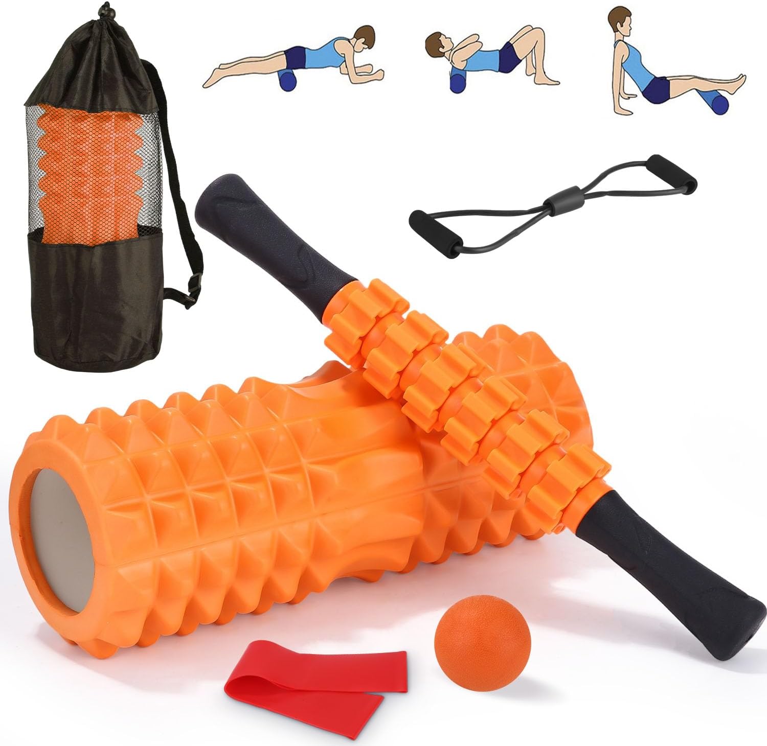 Farbiges 5-in-1-Massageset, hochdichte Faszienrolle Wirbelsäule, Massagerolle, Massageball, Spanner, Widerstandsband für Tiefenmuskelmassage, Fitnessübungen für den ganzen Körper, Pilates-Set