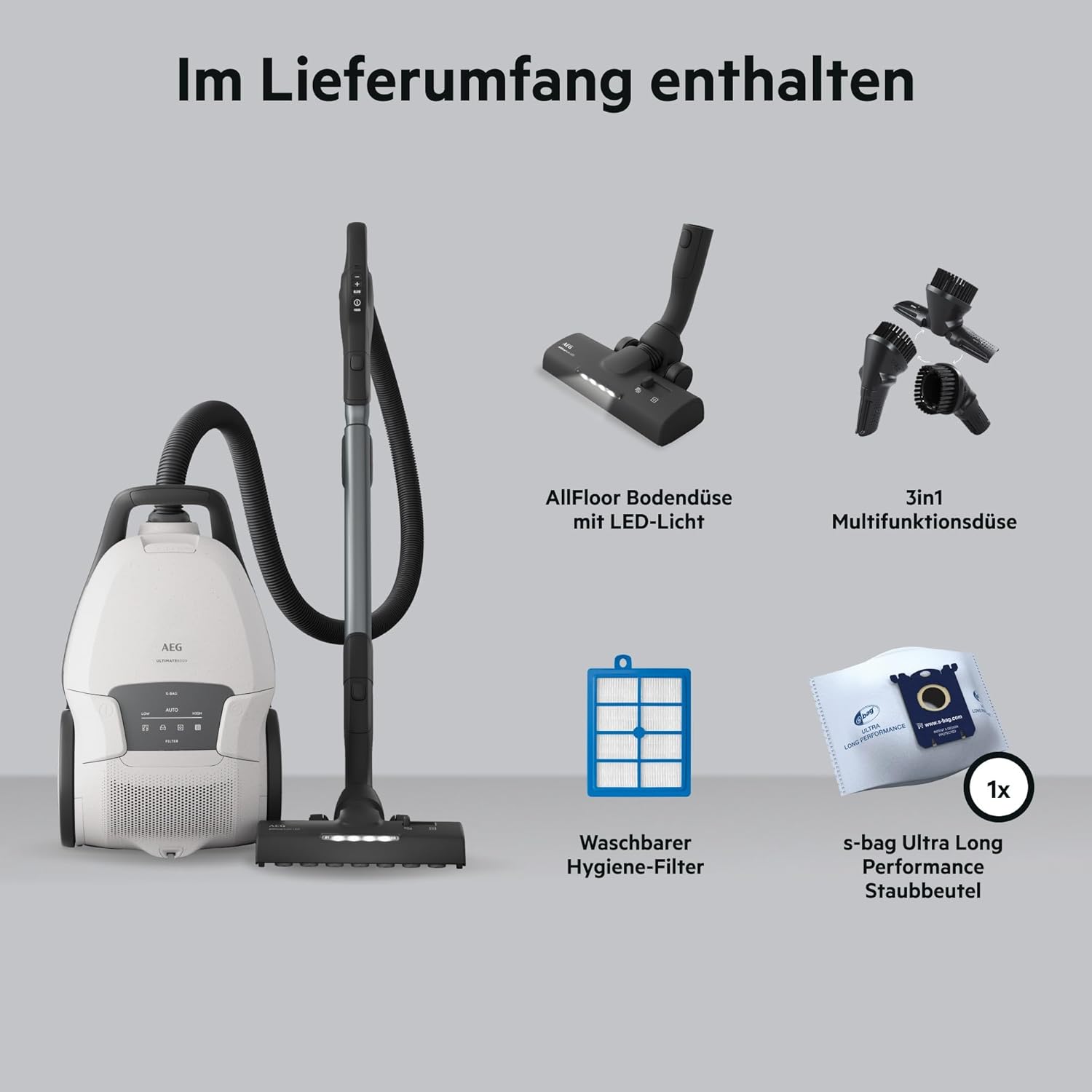 AEG Ultimate 8000 Staubsauger mit Beutel, Testsieger der Stiftung Warentest, hohe Saugleistung, Auto-Modus, alle Böden, 48 % recycelter Kunststoff, 3-in-1-Düse, HEPA-Filtration, 12 m, LED-Licht, AB81U1SW – Bild 15