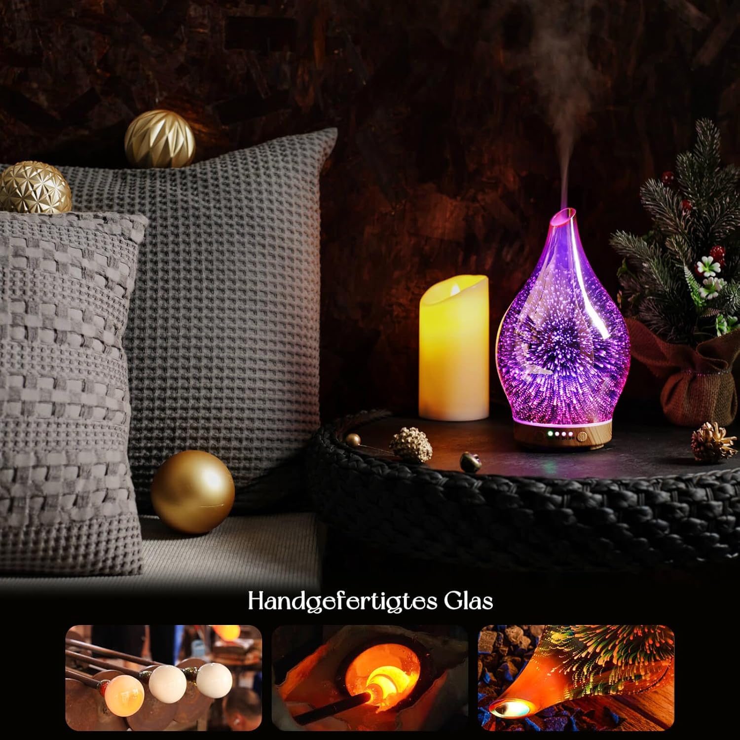 Porseme Aroma-Diffusor 150 ml, mundgeblasener 3D-Glas-Luftbefeuchter, Ultraschall-Aromatherapie-Öl-Diffusor mit 7 farbigen LED-Lichtern, Diffusor für ätherische Öle mit Timer, BPA-frei für Zuhause (Roségold) – Bild 4