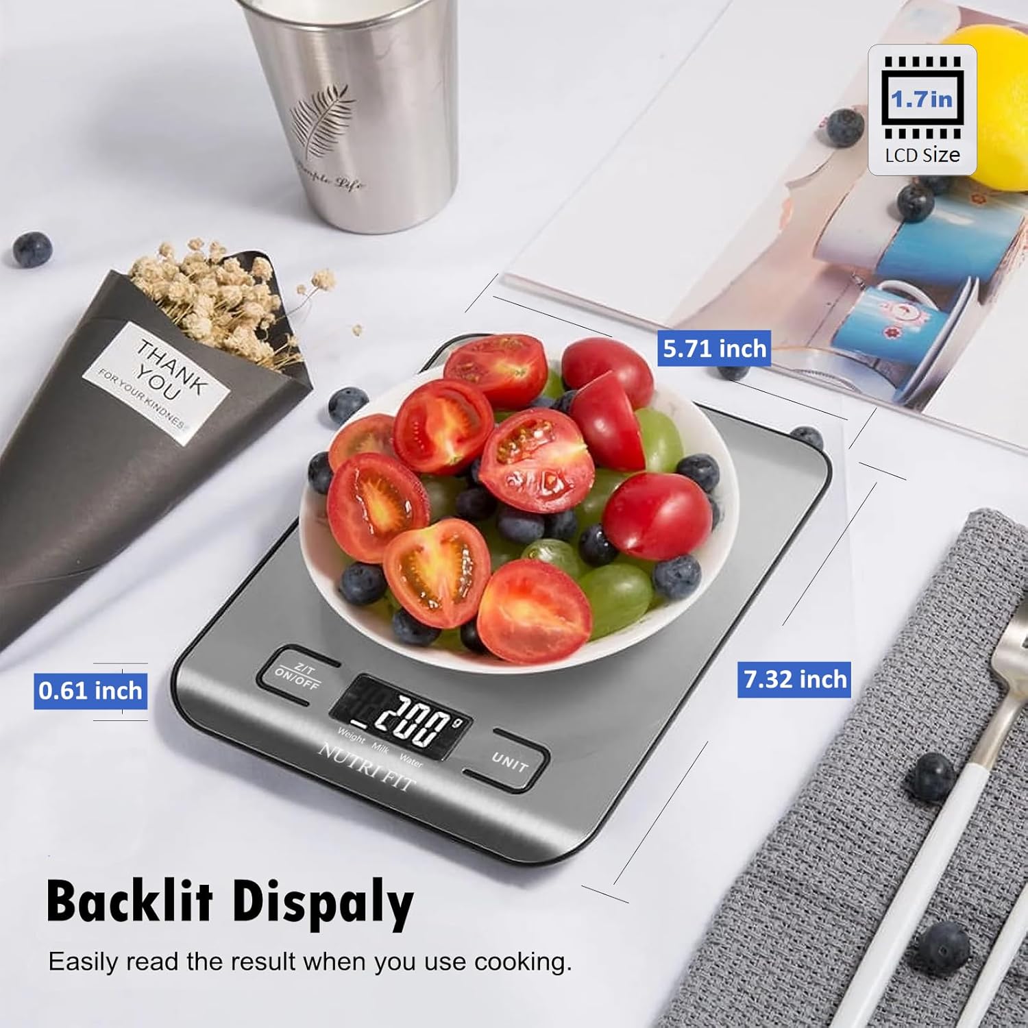 NUTRI FIT Digitale Küchenwaage aus Edelstahl, ultraflache elektronische Kochwaage Lebensmittelwaage, 4 Einheiten, 5kg/11lb, LCD-Anzeige, AAA Batterien-Silbergrau – Bild 5