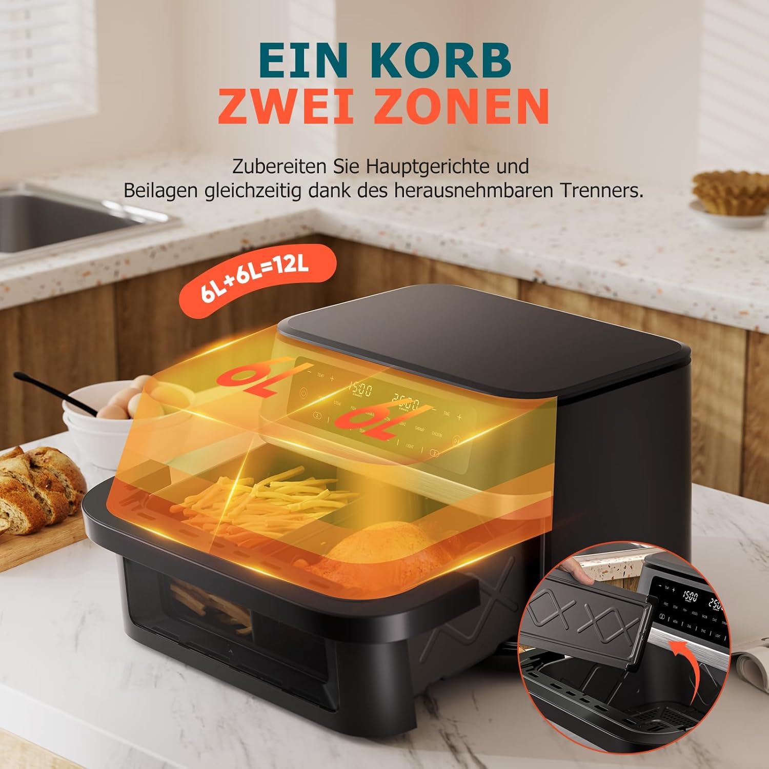 Heißluftfritteuse mit Sichtfenster, 12 l Fassungsvermögen, XXXL verstellbarer Airfryer, 10-in-1 voreingestellte Programme, Touchscreen, intelligente Synchronisation und Timer, energiesparend, Fritteuse ohne Öl – Bild 2